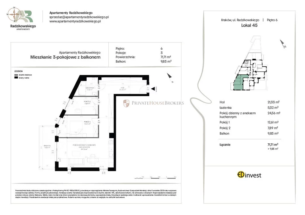 3 pokoje, mieszkanie 71,71 m², piętro 6, oferta nr , 24147/2089/OMS, Kraków, Bronowice, Eljasza Walerego Radzikowskiego