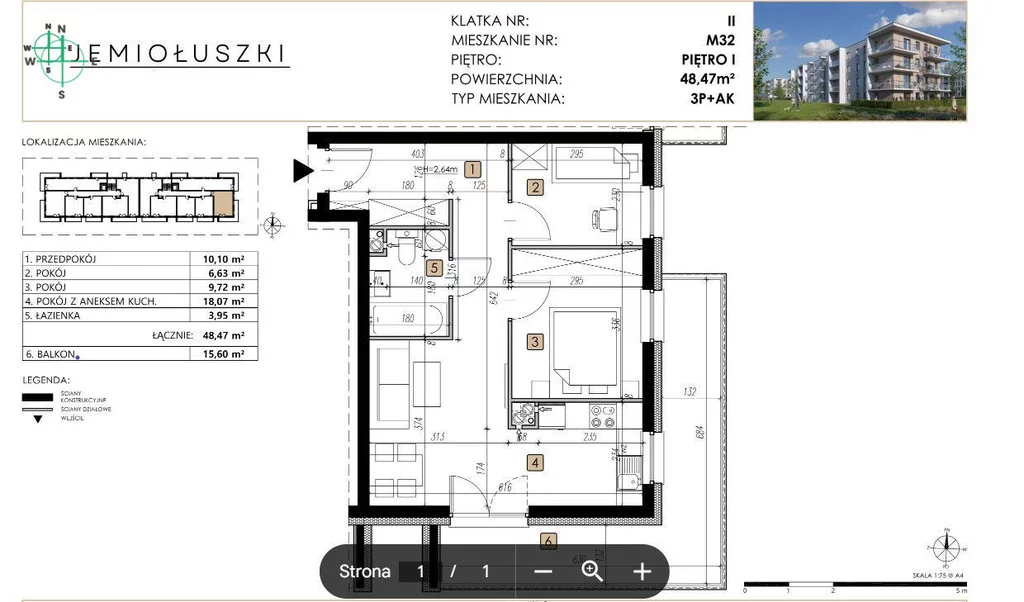 Mieszkanie trzypokojowe 48,47 m², Lublin, Węglin Południowy, Jemiołuszki, Sprzedaż