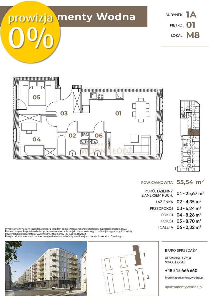 3 pokoje, mieszkanie 55,54 m², piętro 1, oferta nr , 24656/2089/OMS, Łódź, Wodna