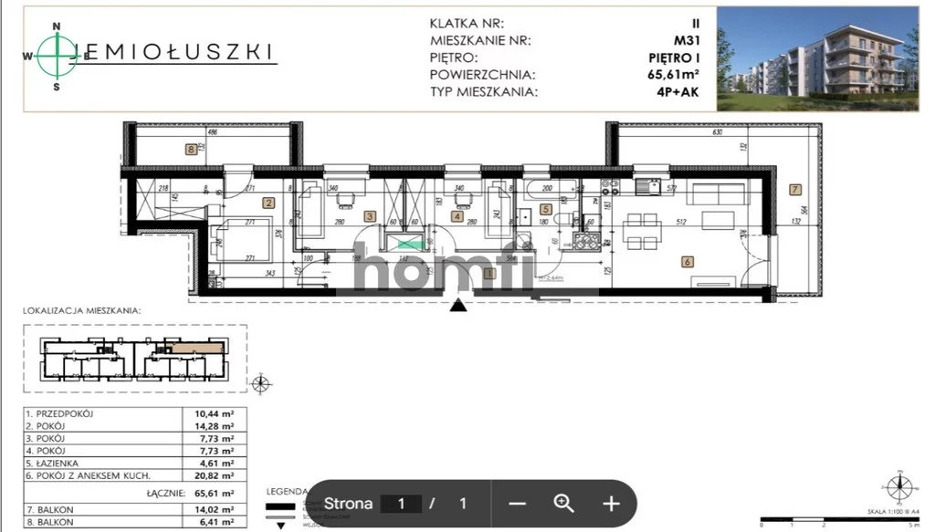 Mieszkanie czteropokojowe 65,61 m², Lublin, Węglin Południowy, Jemiołuszki, Sprzedaż