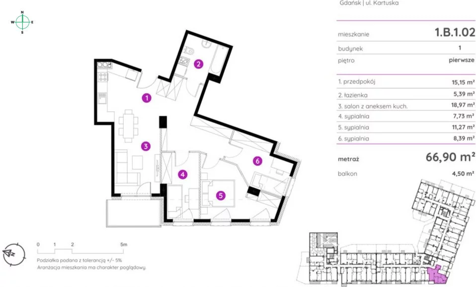4 pokoje, mieszkanie 66,90 m², piętro 1, oferta nr , 25106/2089/OMS, Gdańsk, Siedlce, Kartuska