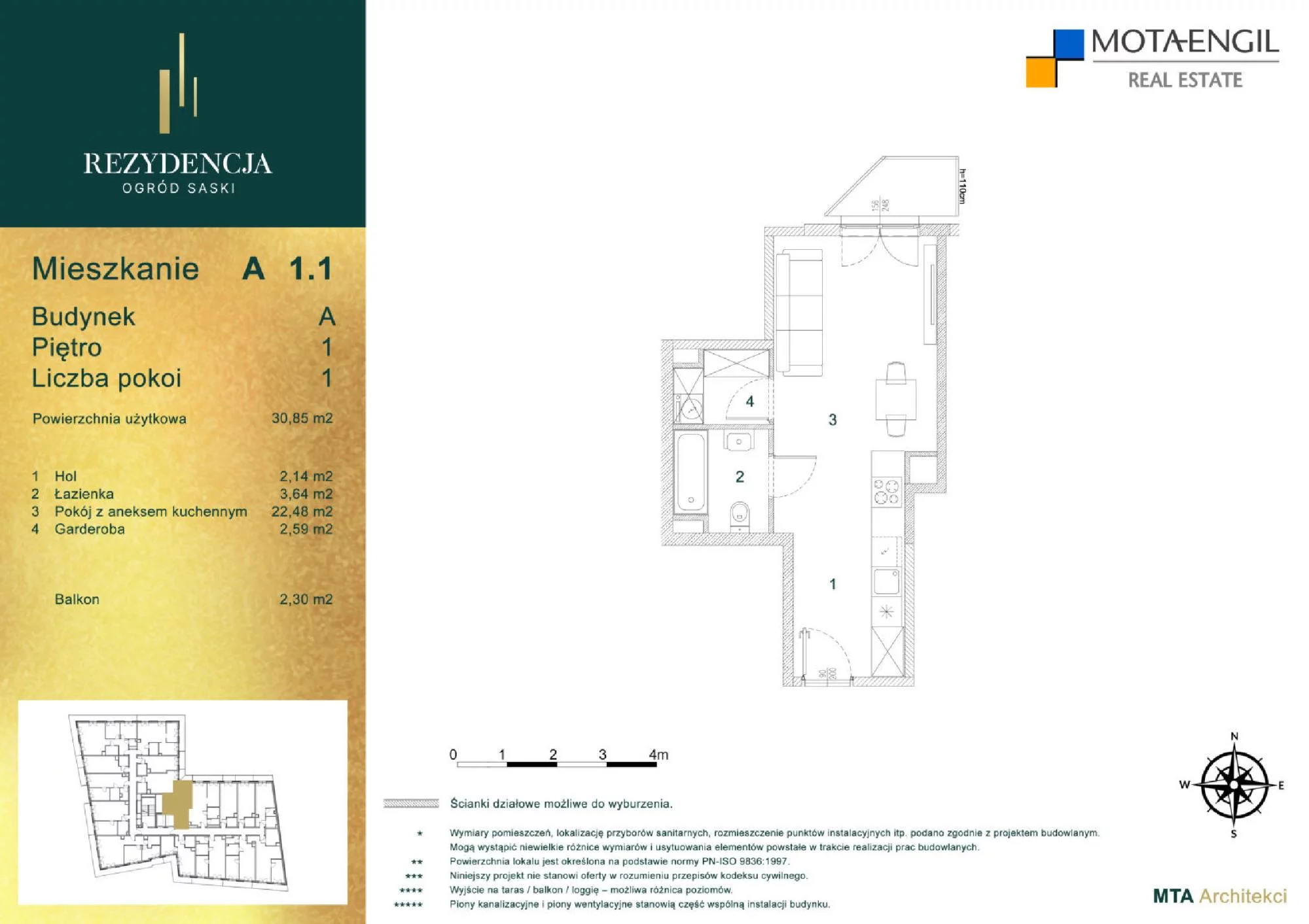 Mieszkanie 30,85 m², piętro 1, oferta nr A1.1, Rezydencja Ogród Saski, Lublin, Wieniawa, ul. Jasna 7, 7A