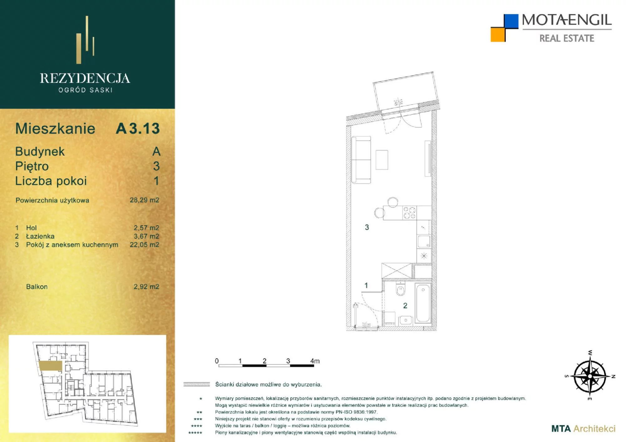 Mieszkanie 28,29 m², piętro 3, oferta nr A3.13, Rezydencja Ogród Saski, Lublin, Wieniawa, ul. Jasna 7, 7A