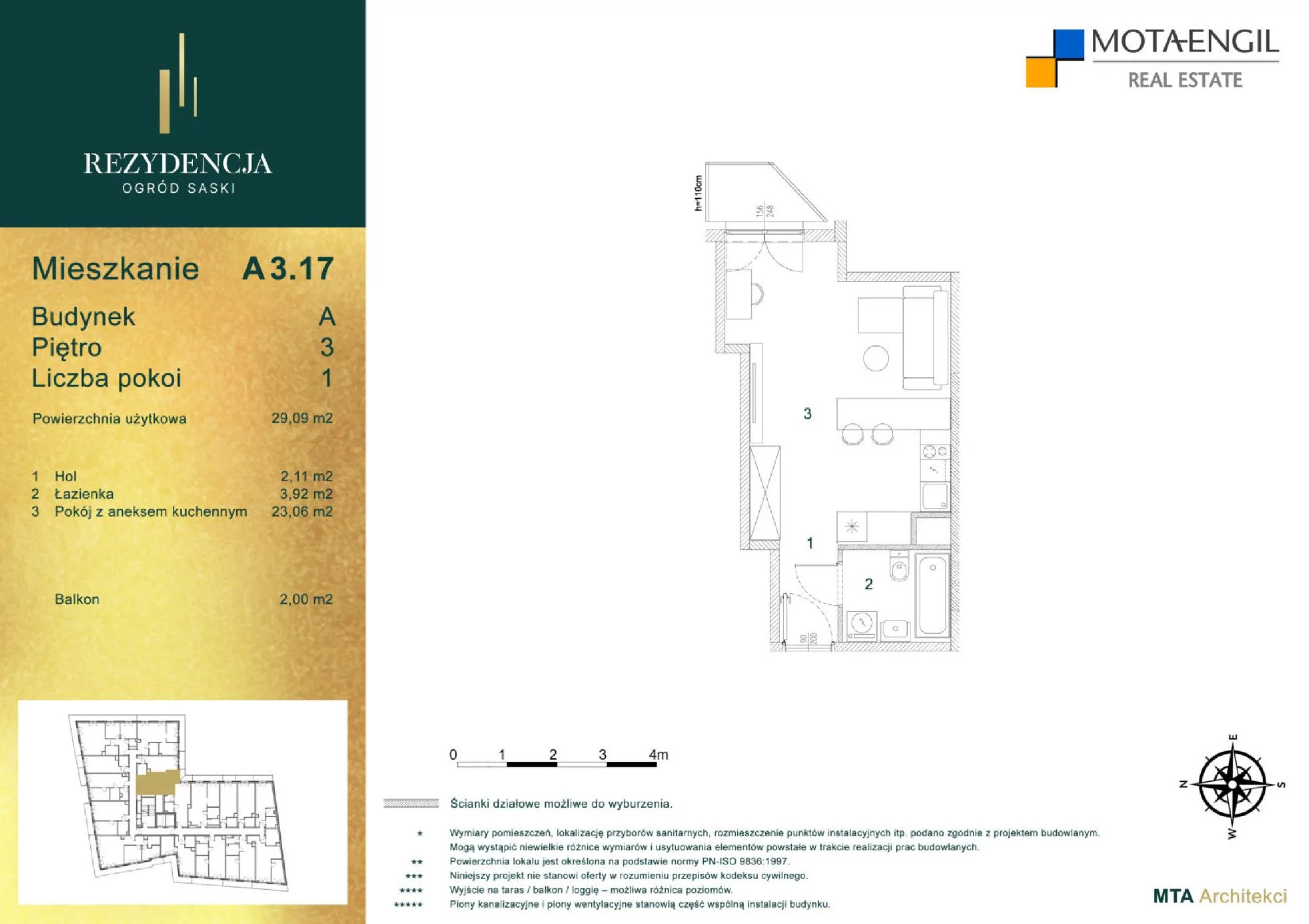 Mieszkanie 29,09 m², piętro 3, oferta nr A3.17, Rezydencja Ogród Saski, Lublin, Wieniawa, ul. Jasna 7, 7A