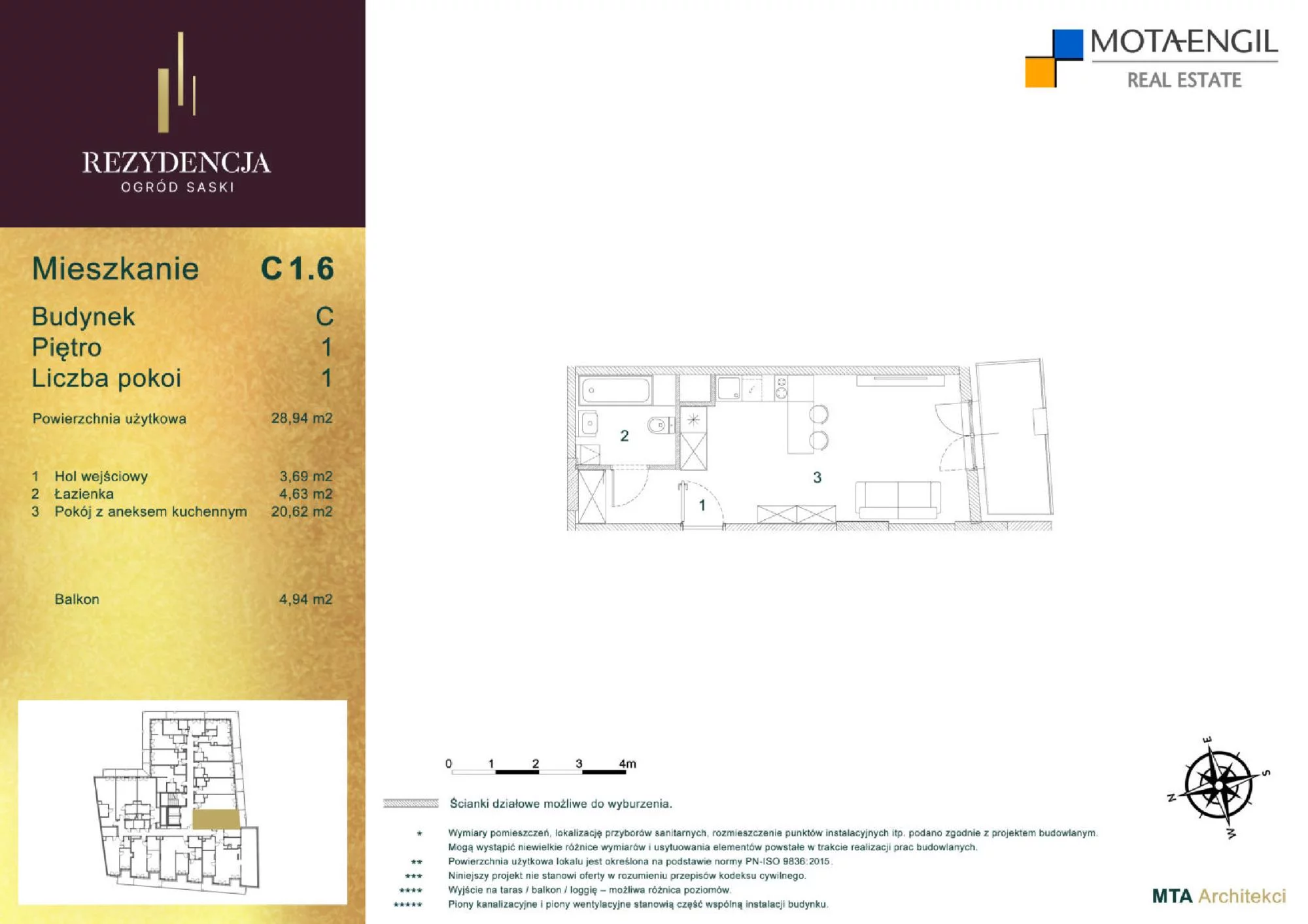 Mieszkanie 28,94 m², piętro 1, oferta nr C1.6, Rezydencja Ogród Saski, Lublin, Wieniawa, ul. Jasna 7, 7A