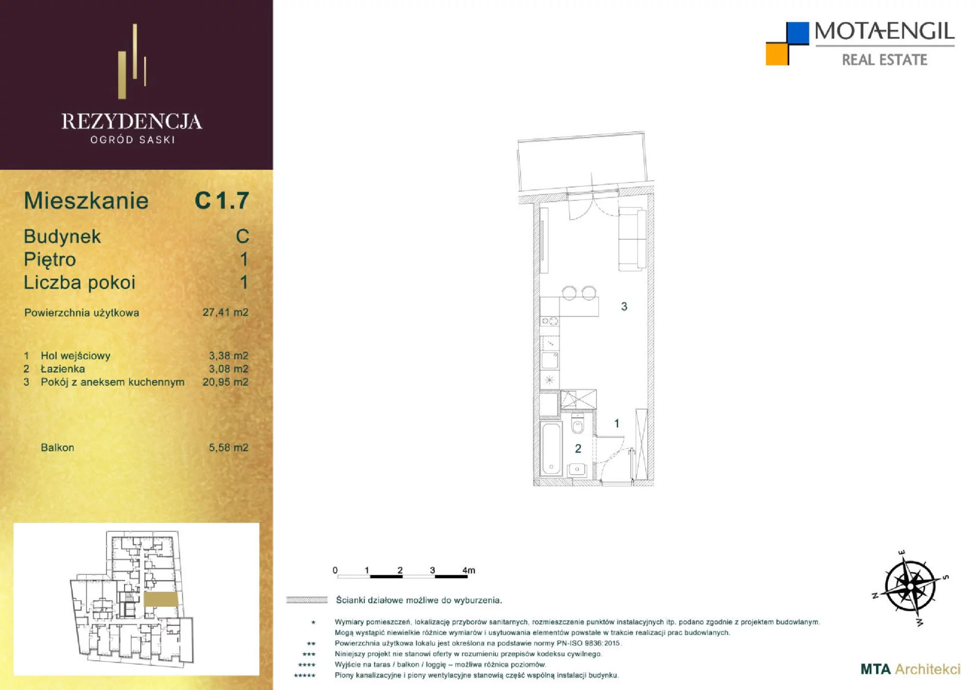 Mieszkanie 27,41 m², piętro 1, oferta nr C1.7, Rezydencja Ogród Saski, Lublin, Wieniawa, ul. Jasna 7, 7A