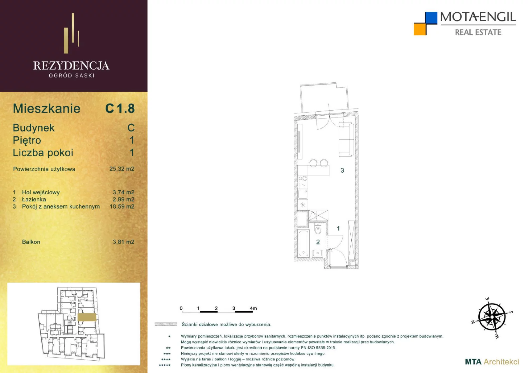Mieszkanie 25,32 m², piętro 1, oferta nr C1.8, Rezydencja Ogród Saski, Lublin, Wieniawa, ul. Jasna 7, 7A