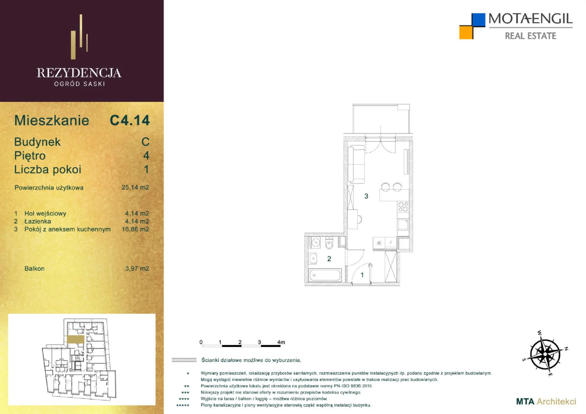 Mieszkanie 25,14 m², piętro 4, oferta nr C4.14, Rezydencja Ogród Saski, Lublin, Wieniawa, ul. Jasna 7, 7A