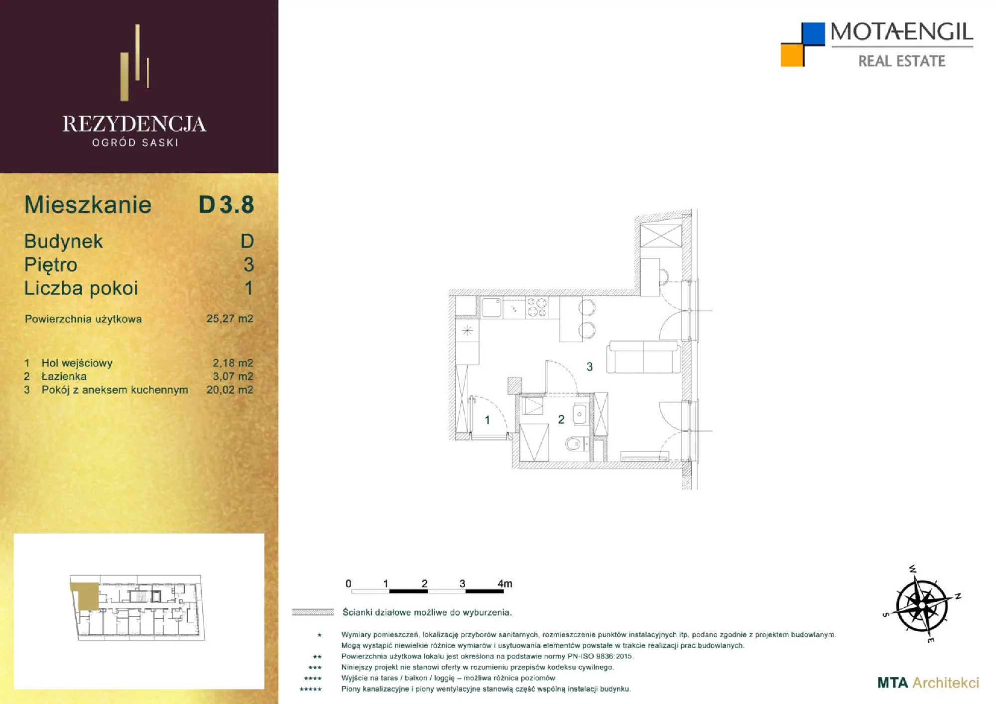 Mieszkanie 25,27 m², piętro 3, oferta nr D3.8, Rezydencja Ogród Saski, Lublin, Wieniawa, ul. Jasna 7, 7A