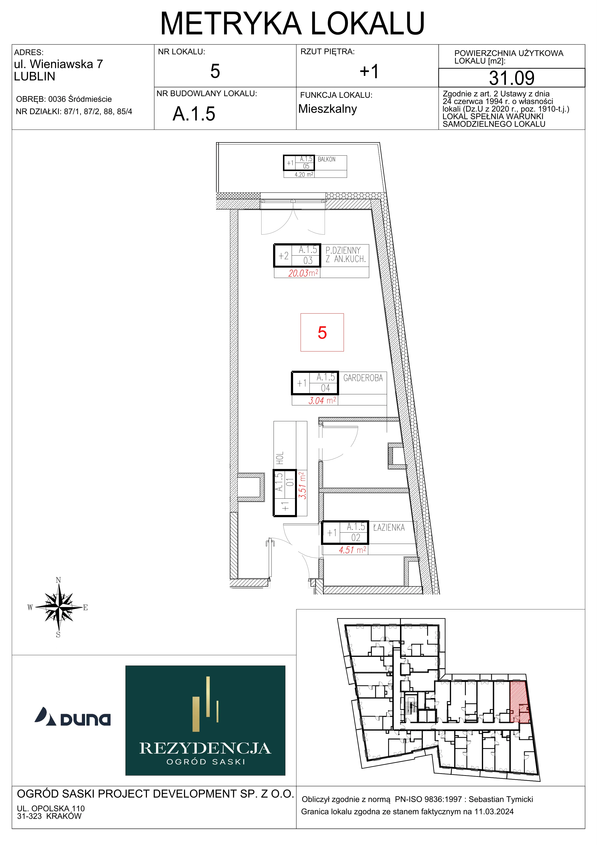1 pokój, mieszkanie 31,09 m², piętro 1, oferta nr A1.5, Rezydencja Ogród Saski, Lublin, Wieniawa, ul. Wieniawska 7/Jasna 7