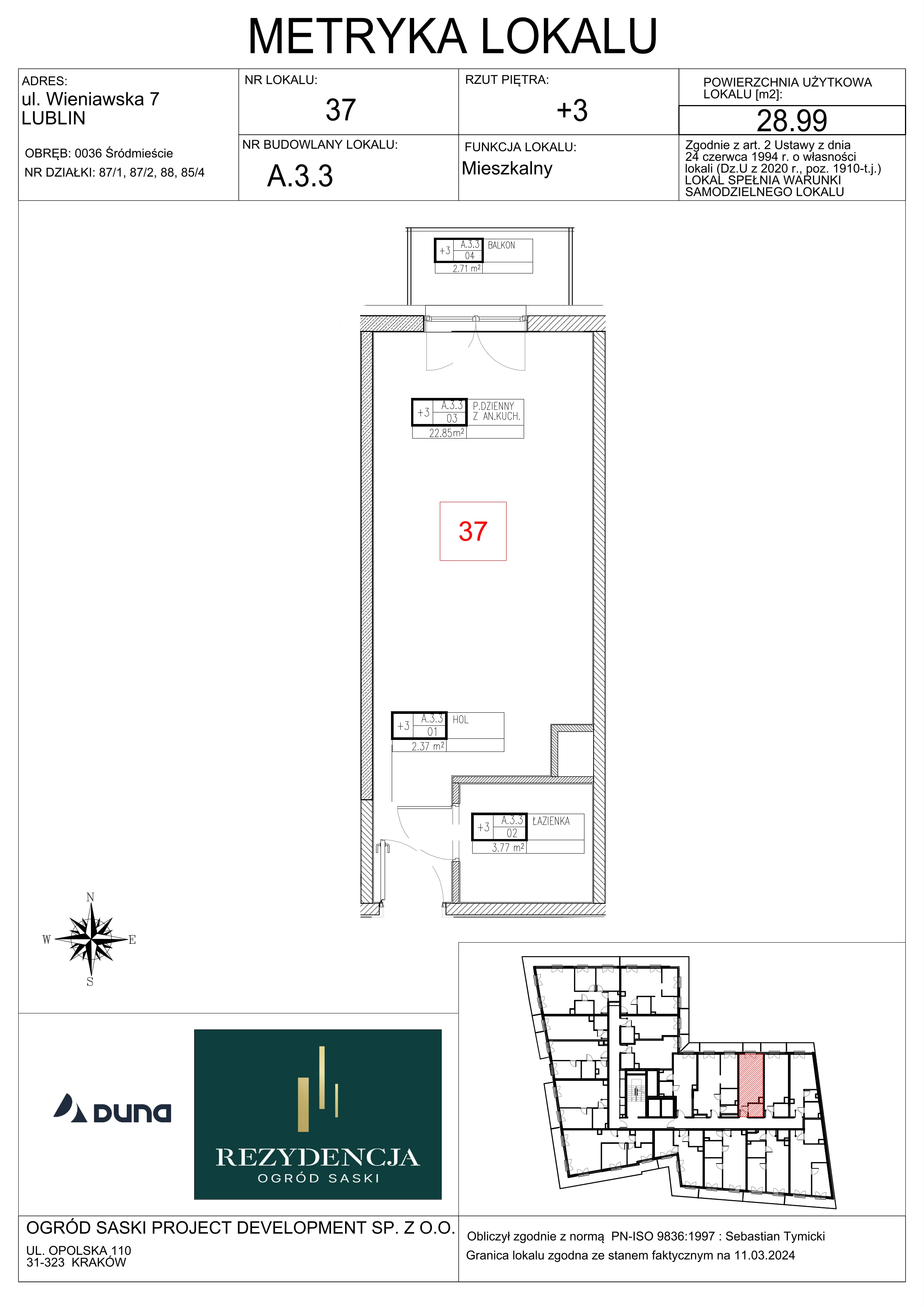 1 pokój, mieszkanie 28,99 m², piętro 3, oferta nr A3.3, Rezydencja Ogród Saski, Lublin, Wieniawa, ul. Wieniawska 7/Jasna 7
