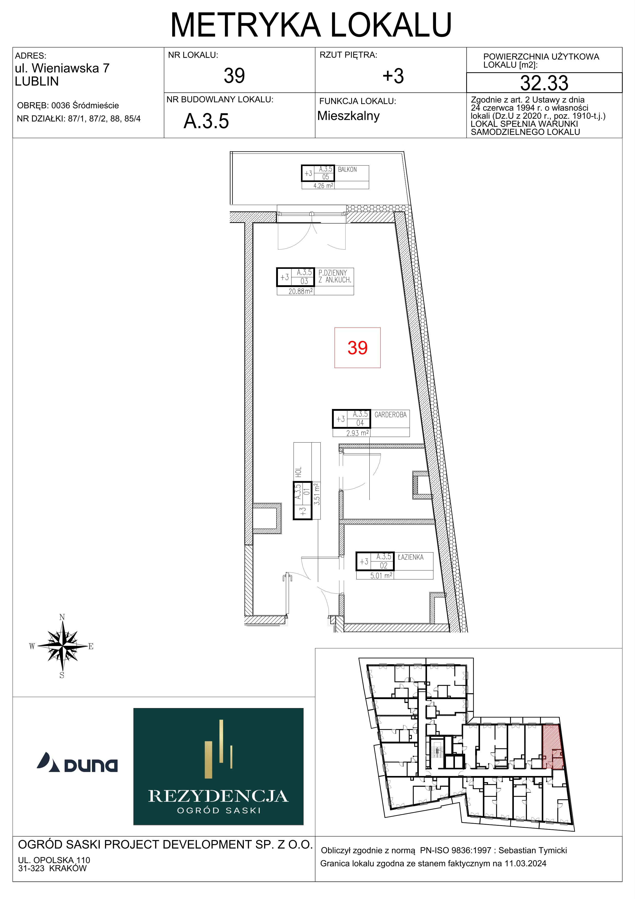 1 pokój, mieszkanie 32,33 m², piętro 3, oferta nr A3.5, Rezydencja Ogród Saski, Lublin, Wieniawa, ul. Wieniawska 7/Jasna 7