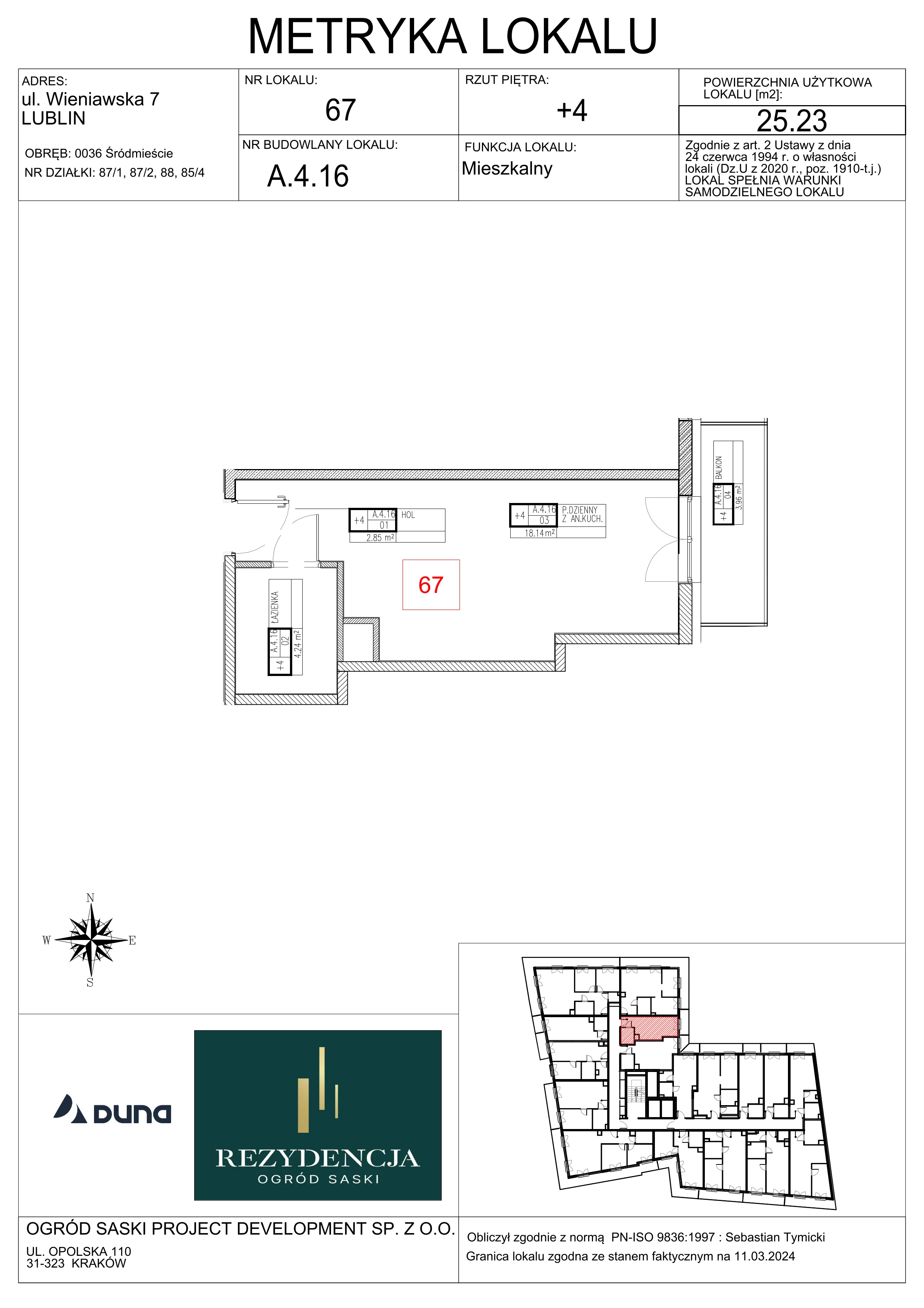 1 pokój, mieszkanie 25,23 m², piętro 4, oferta nr A4.16, Rezydencja Ogród Saski, Lublin, Wieniawa, ul. Wieniawska 7/Jasna 7