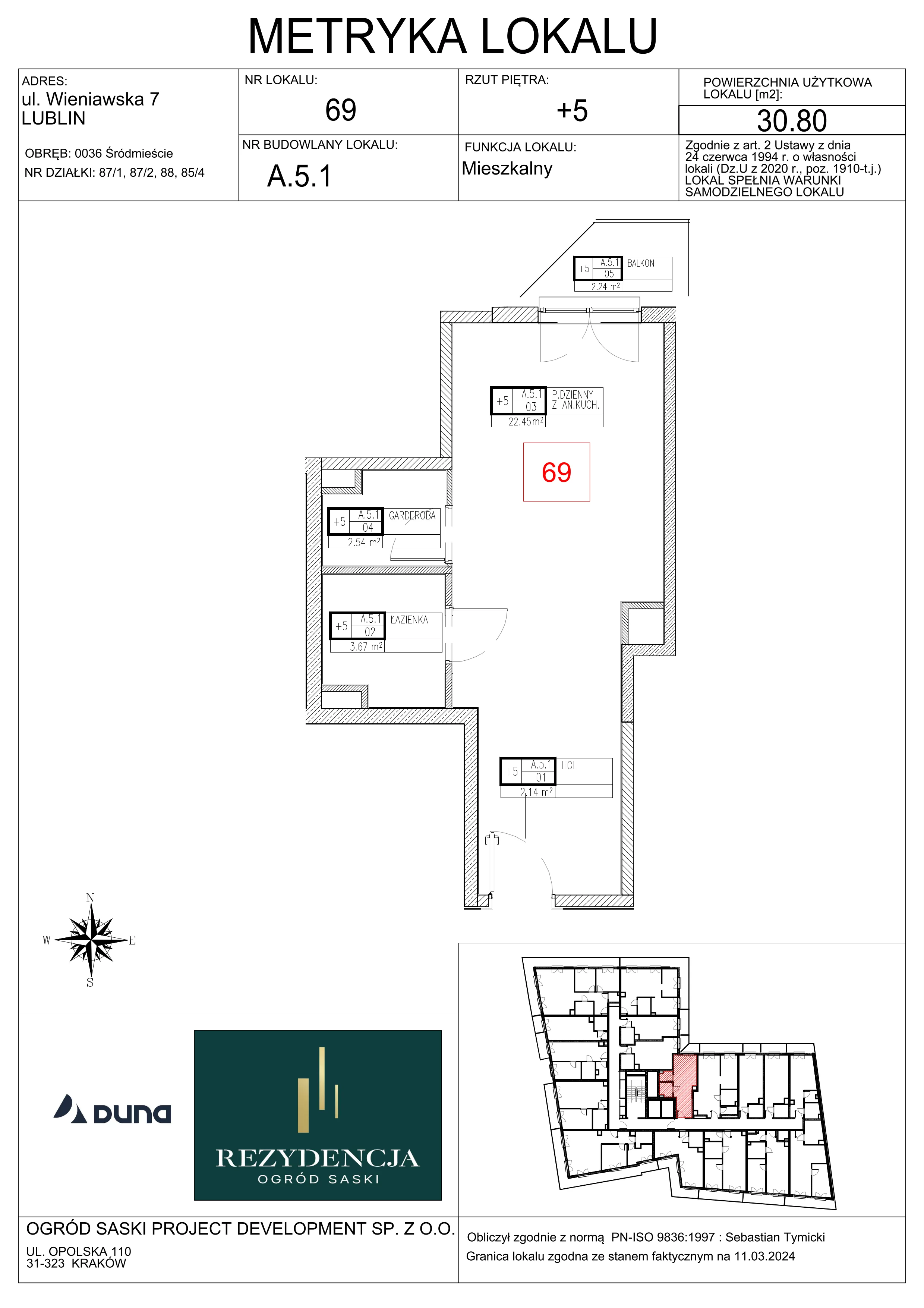1 pokój, mieszkanie 30,80 m², piętro 5, oferta nr A5.1, Rezydencja Ogród Saski, Lublin, Wieniawa, ul. Wieniawska 7/Jasna 7