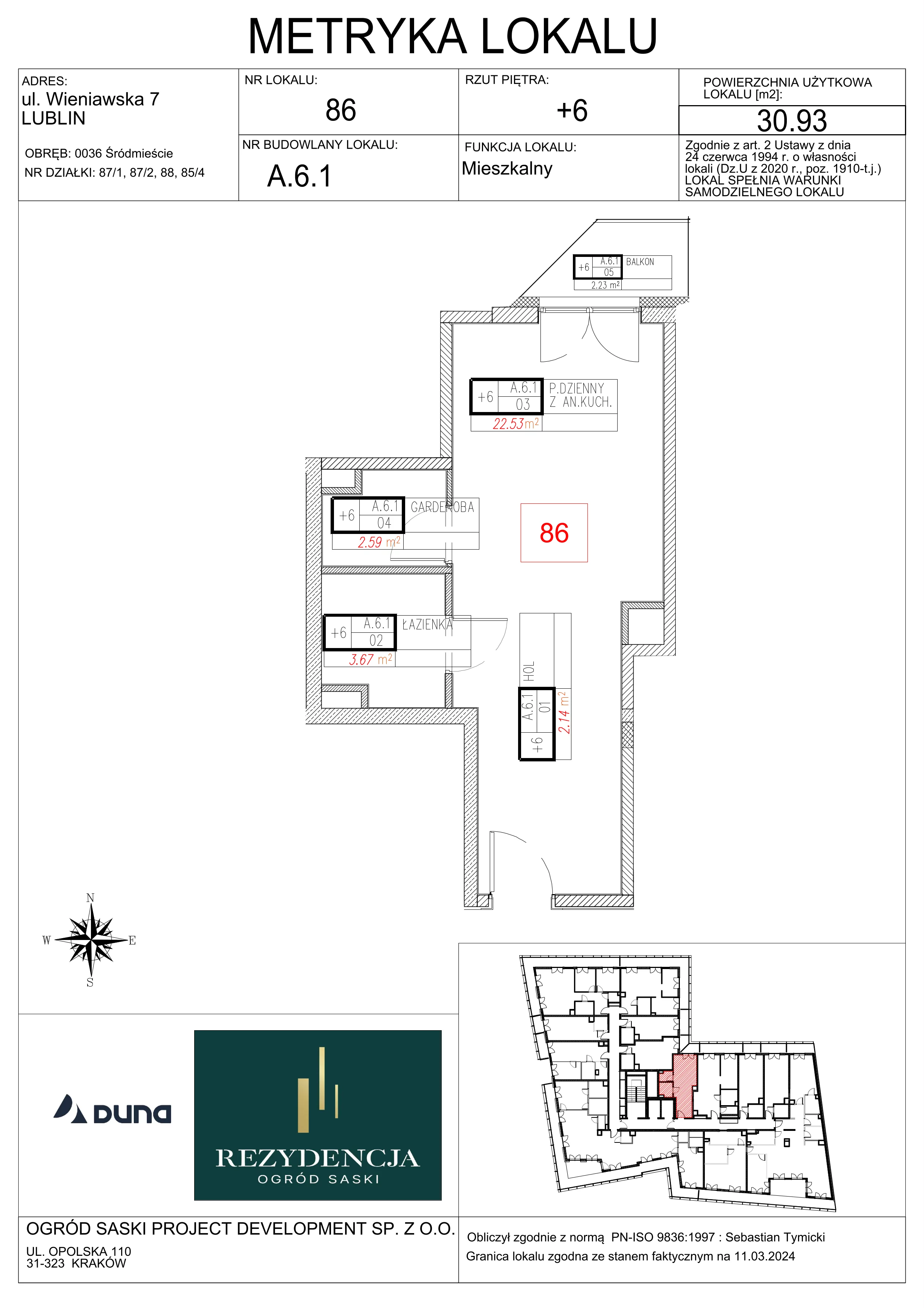 1 pokój, mieszkanie 30,93 m², piętro 6, oferta nr A6.1, Rezydencja Ogród Saski, Lublin, Wieniawa, ul. Wieniawska 7/Jasna 7