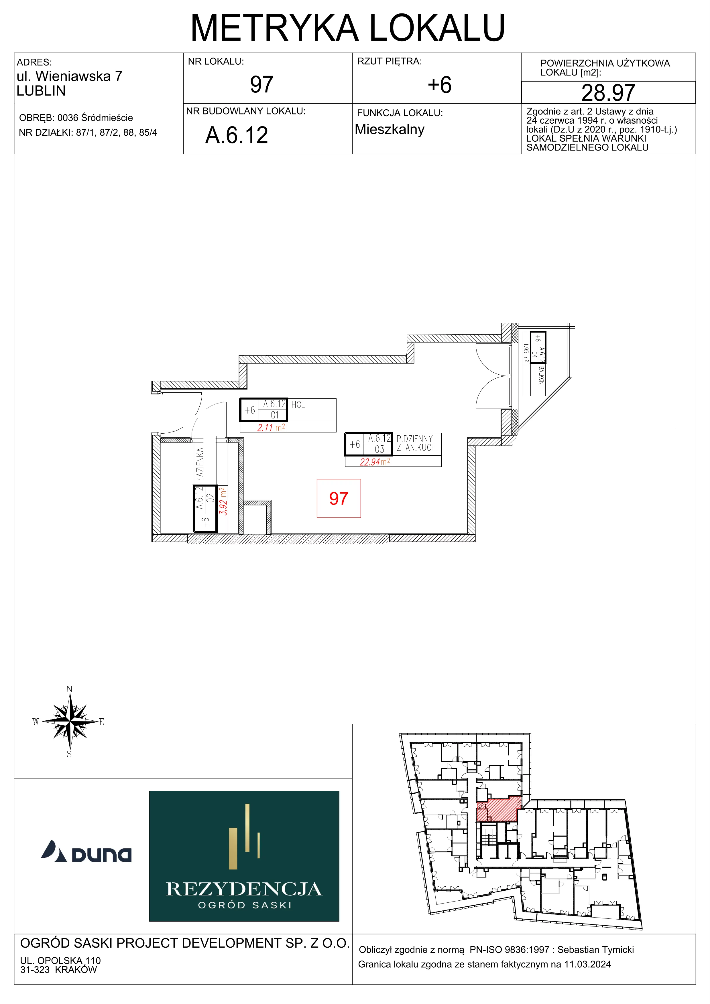 1 pokój, mieszkanie 28,97 m², piętro 6, oferta nr A6.12, Rezydencja Ogród Saski, Lublin, Wieniawa, ul. Wieniawska 7/Jasna 7