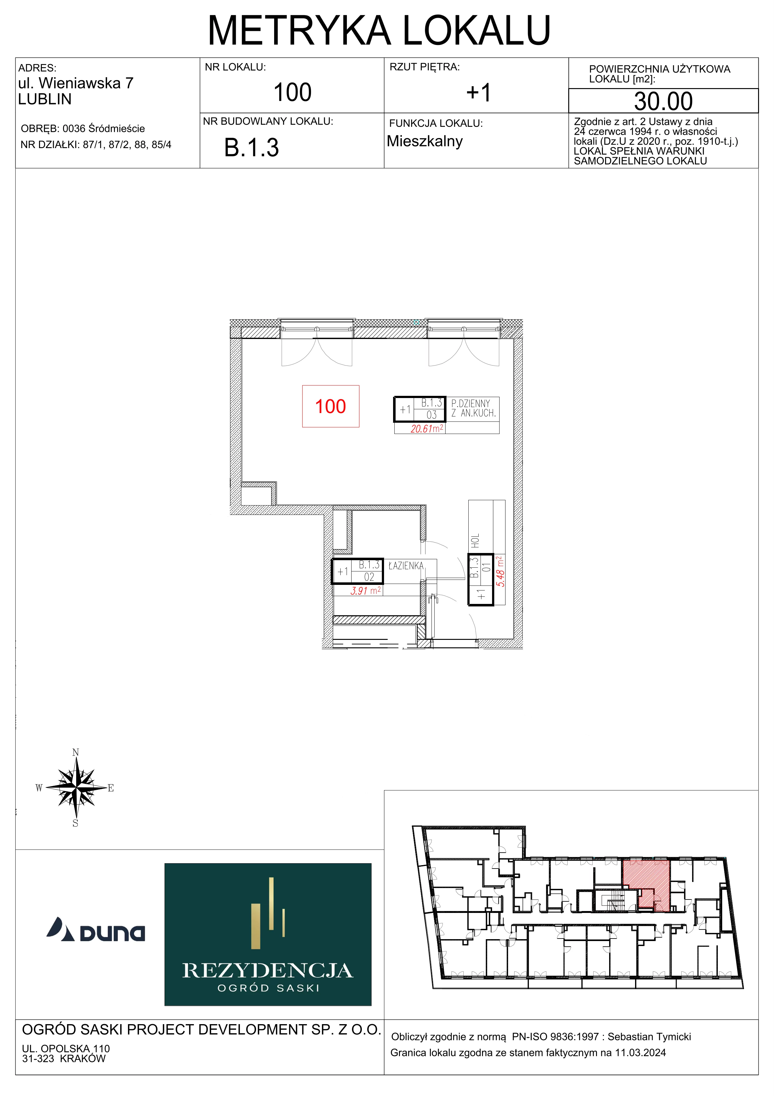 1 pokój, mieszkanie 30,00 m², piętro 1, oferta nr B1.3, Rezydencja Ogród Saski, Lublin, Wieniawa, ul. Wieniawska 7/Jasna 7