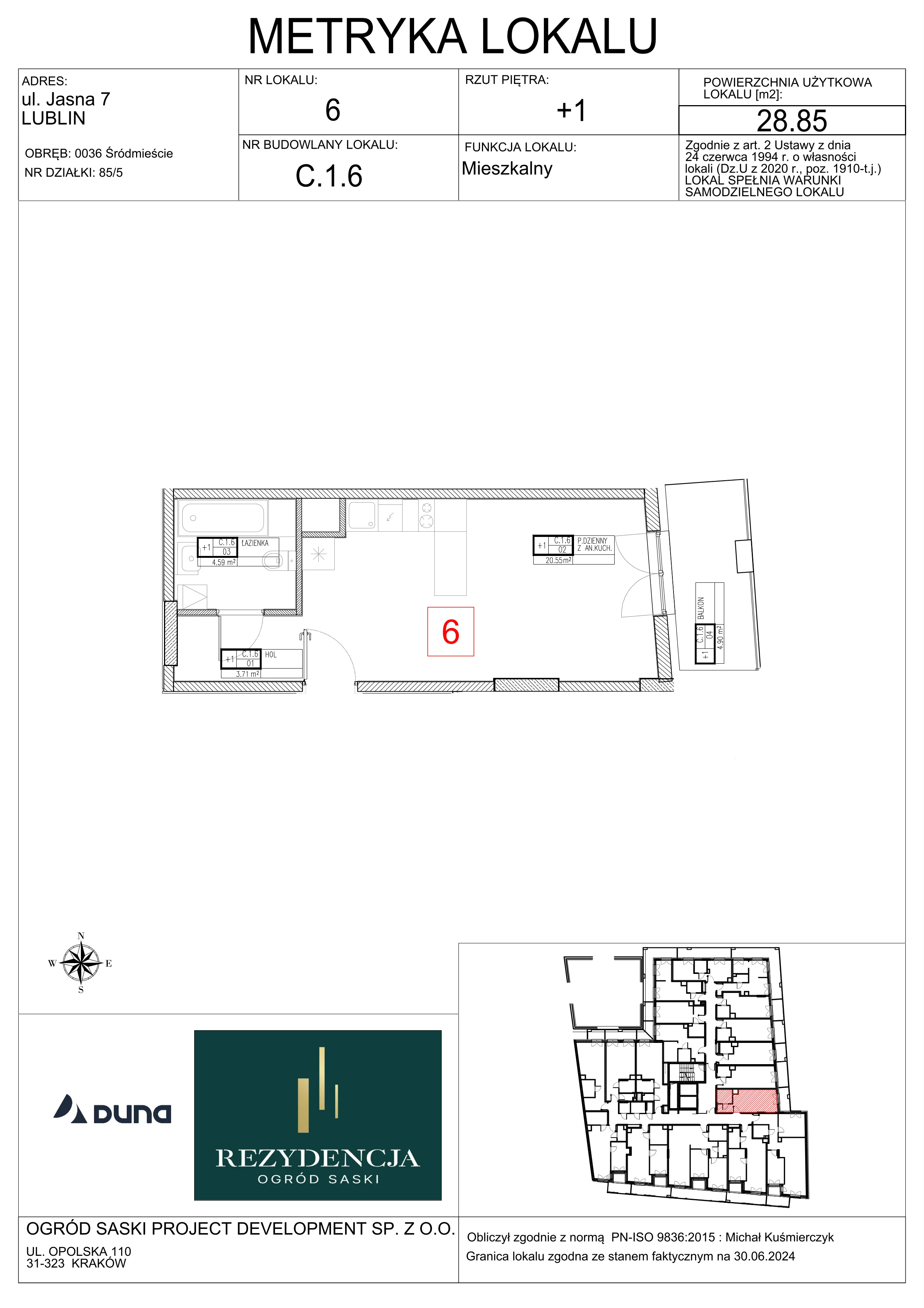1 pokój, mieszkanie 28,85 m², piętro 1, oferta nr C1.6, Rezydencja Ogród Saski, Lublin, Wieniawa, ul. Wieniawska 7/Jasna 7