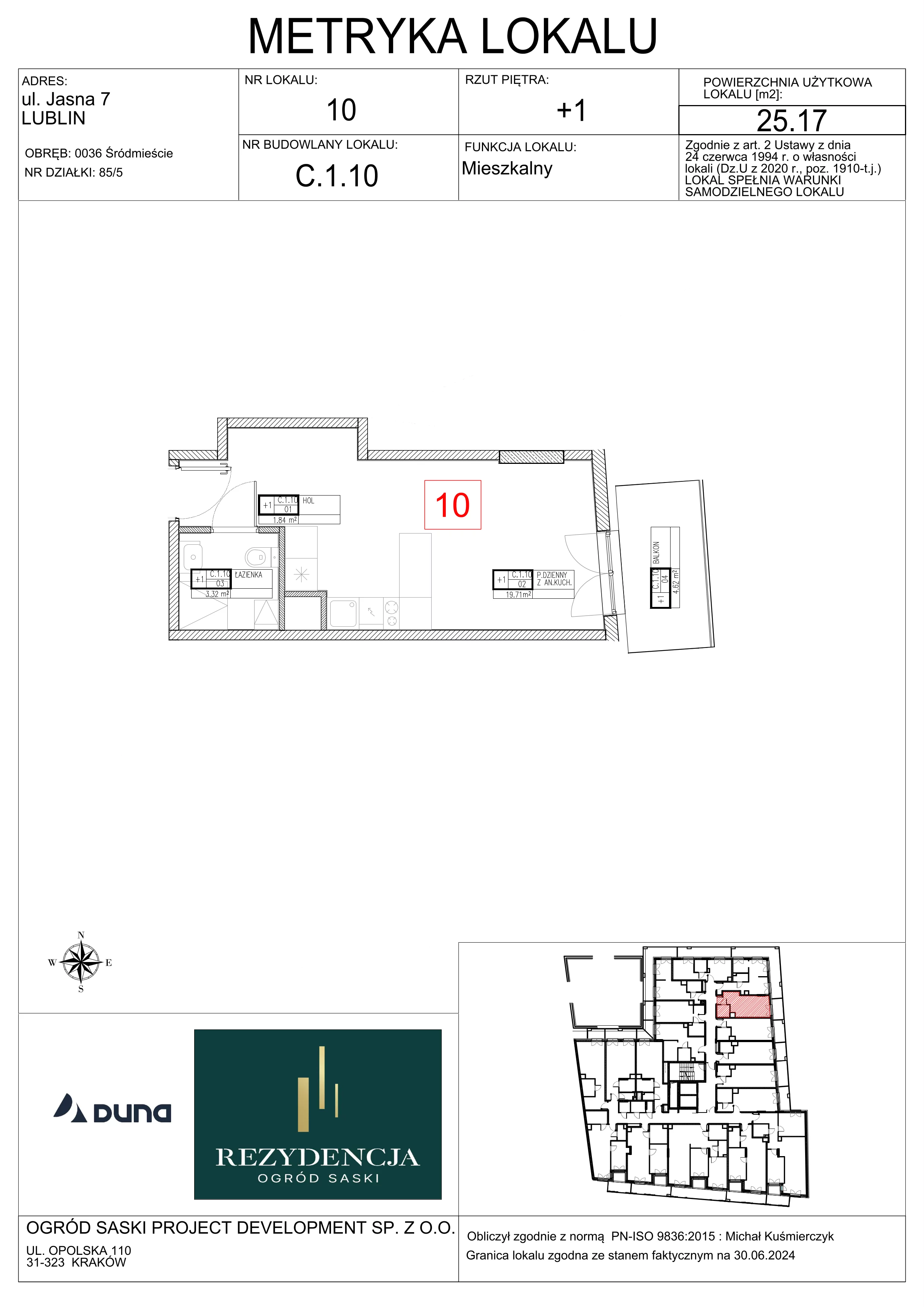 1 pokój, mieszkanie 25,17 m², piętro 1, oferta nr C1.10, Rezydencja Ogród Saski, Lublin, Wieniawa, ul. Wieniawska 7/Jasna 7