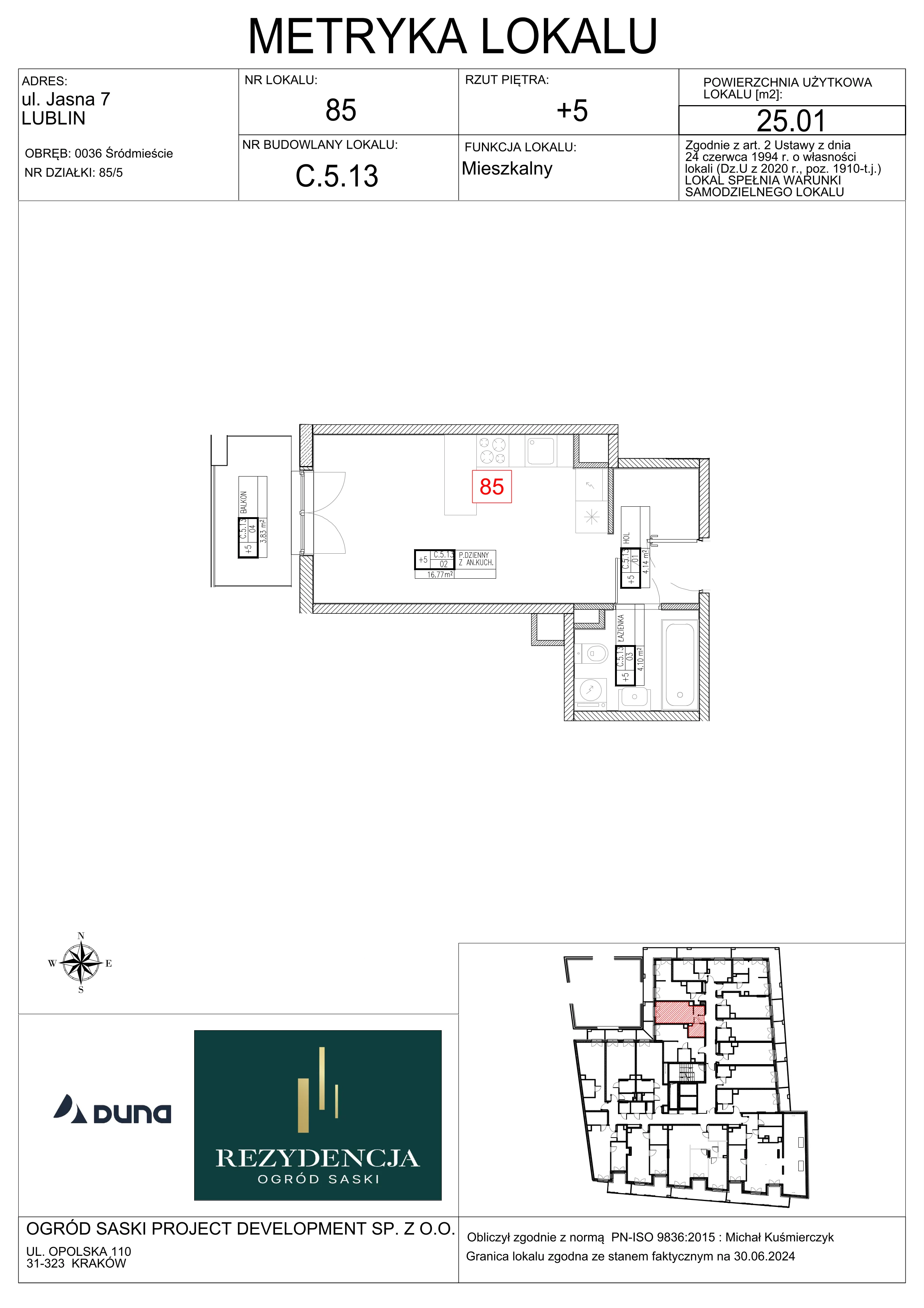 1 pokój, mieszkanie 25,01 m², piętro 5, oferta nr C5.13, Rezydencja Ogród Saski, Lublin, Wieniawa, ul. Wieniawska 7/Jasna 7