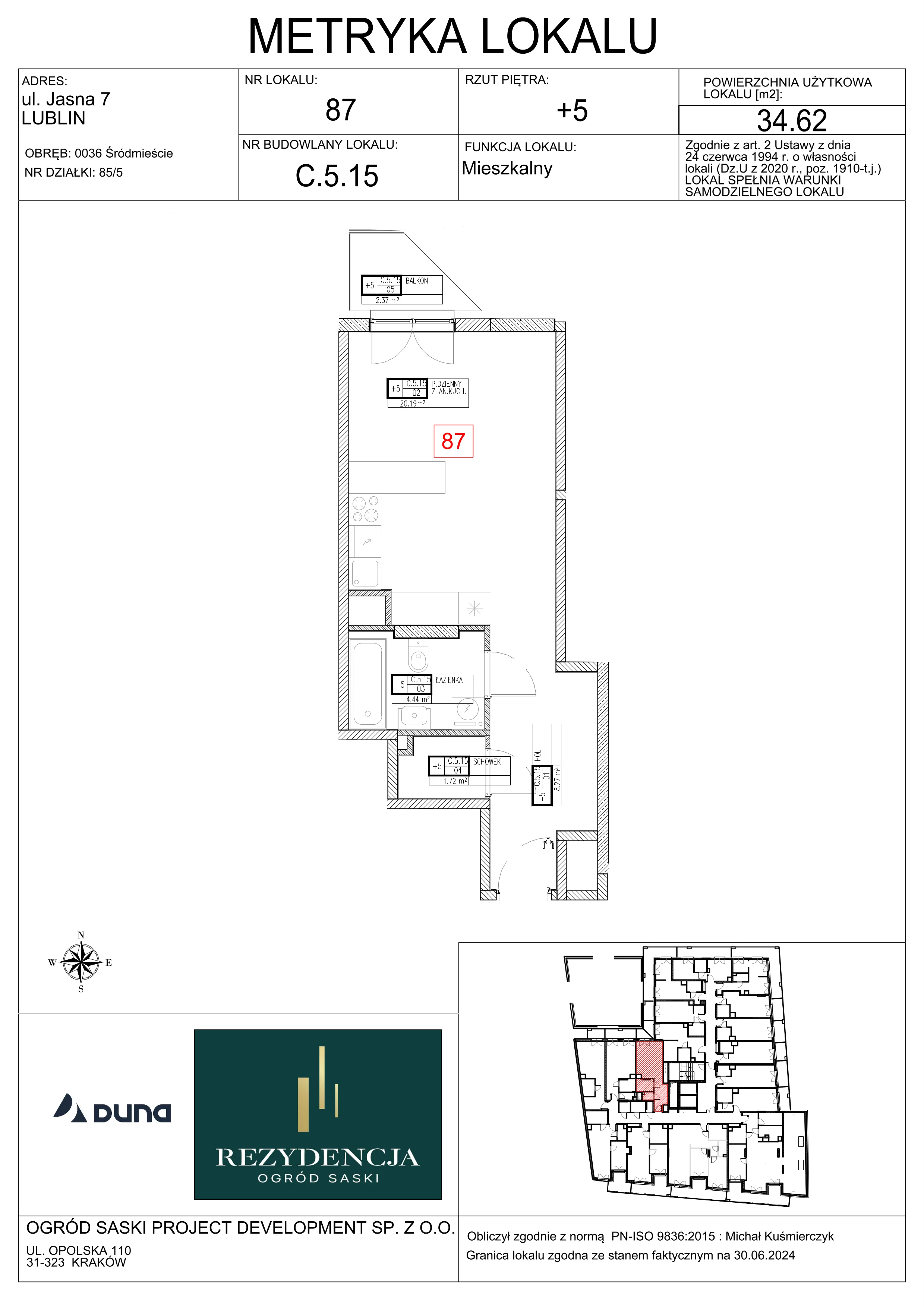 1 pokój, mieszkanie 34,62 m², piętro 5, oferta nr C5.15, Rezydencja Ogród Saski, Lublin, Wieniawa, ul. Wieniawska 7/Jasna 7