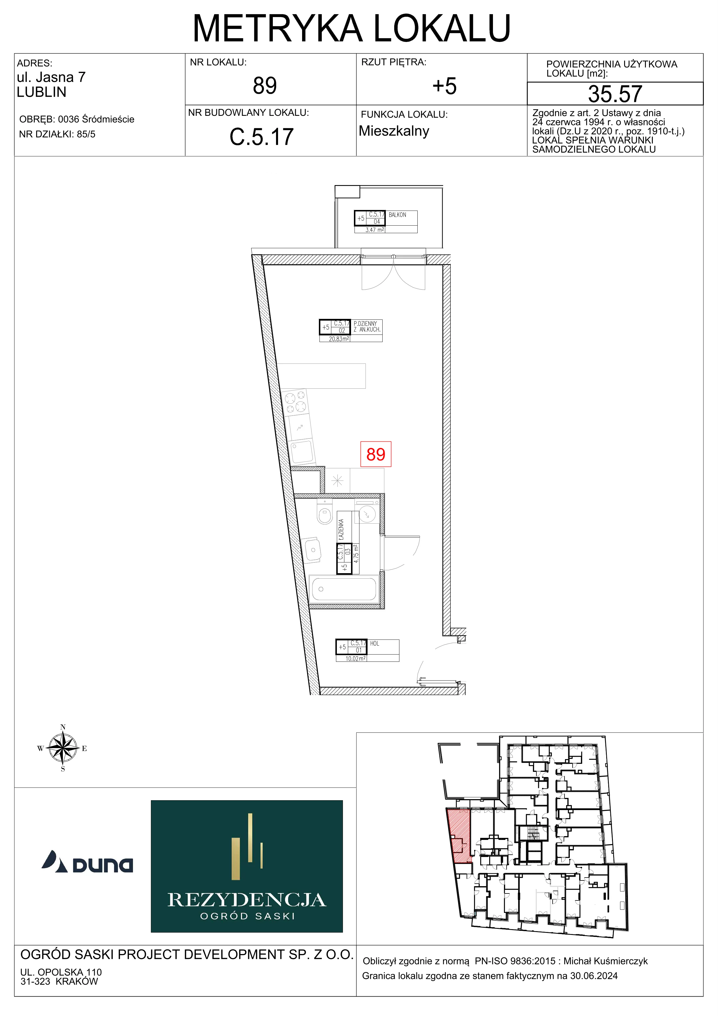 1 pokój, mieszkanie 35,57 m², piętro 5, oferta nr C5.17, Rezydencja Ogród Saski, Lublin, Wieniawa, ul. Wieniawska 7/Jasna 7