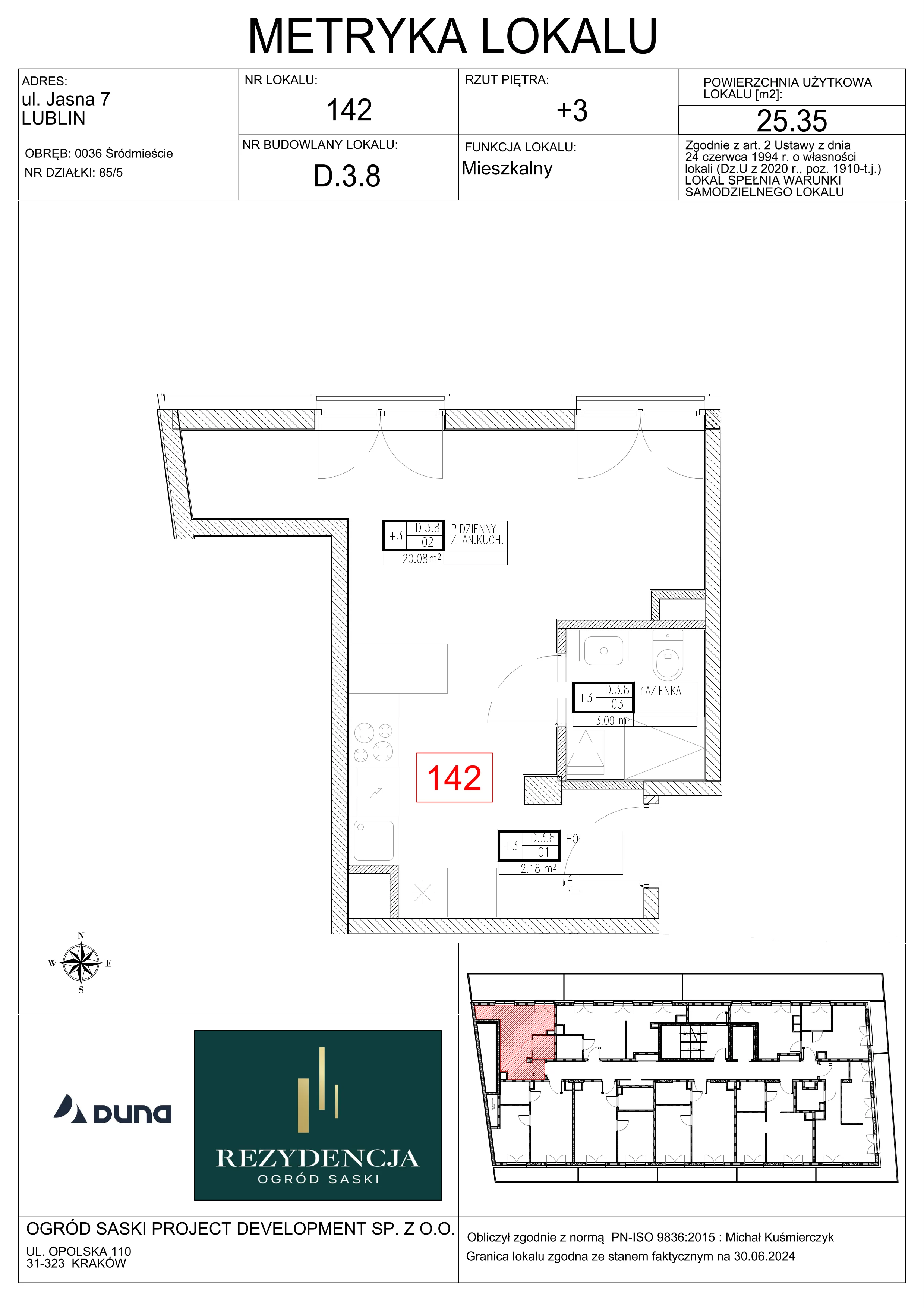 1 pokój, mieszkanie 25,35 m², piętro 3, oferta nr D3.8, Rezydencja Ogród Saski, Lublin, Wieniawa, ul. Wieniawska 7/Jasna 7