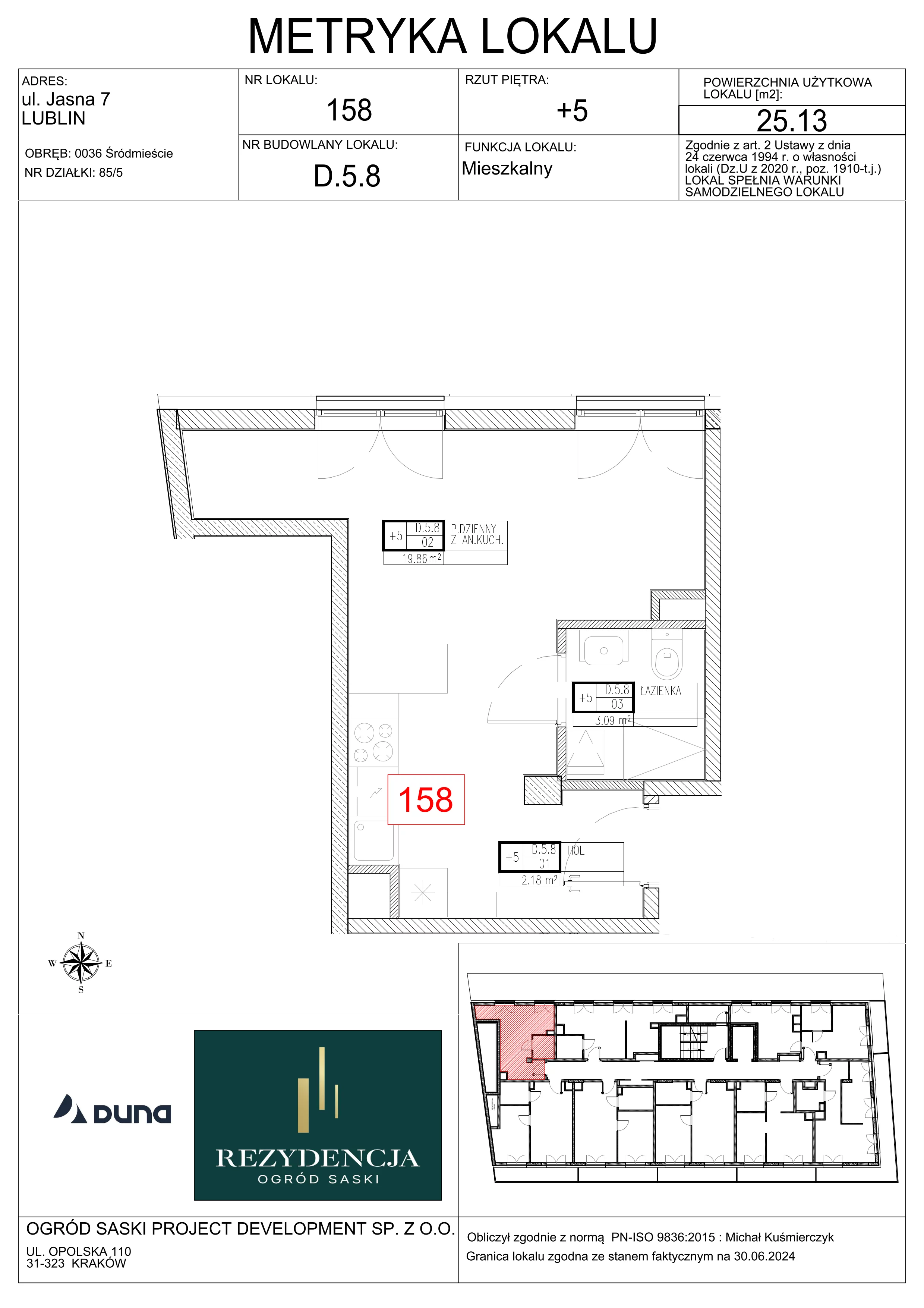 1 pokój, mieszkanie 25,13 m², piętro 5, oferta nr D5.8, Rezydencja Ogród Saski, Lublin, Wieniawa, ul. Wieniawska 7/Jasna 7