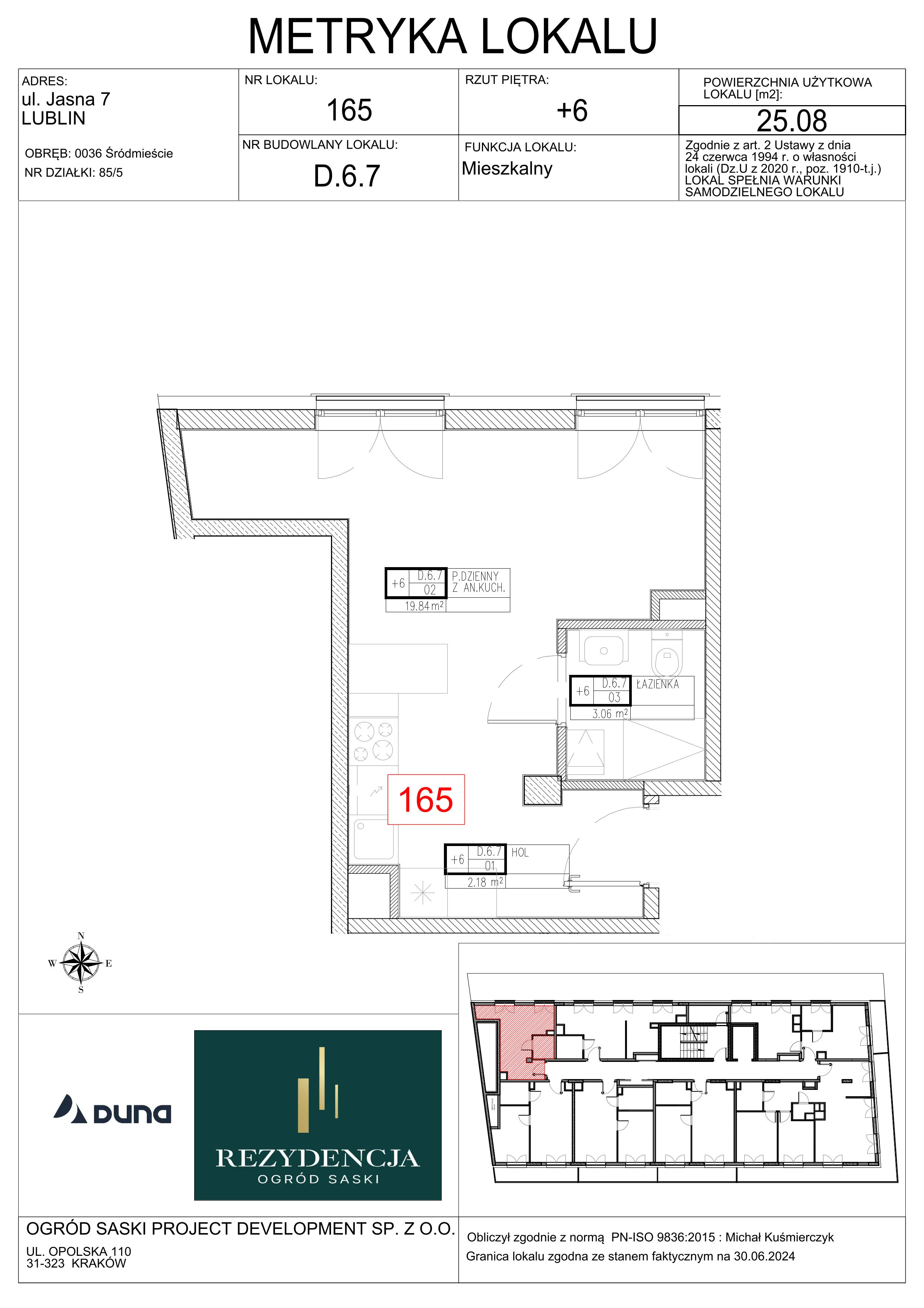 1 pokój, mieszkanie 25,08 m², piętro 6, oferta nr D6.7, Rezydencja Ogród Saski, Lublin, Wieniawa, ul. Wieniawska 7/Jasna 7