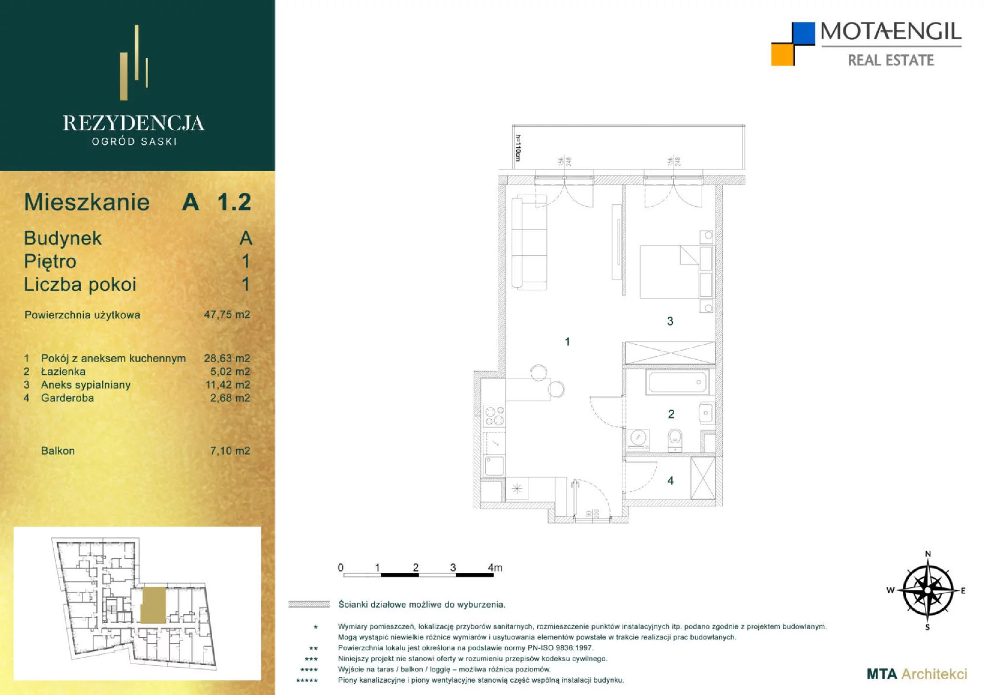 Mieszkanie 47,85 m², piętro 1, oferta nr A1.2, Rezydencja Ogród Saski, Lublin, Wieniawa, ul. Wieniawska 7/Jasna 7