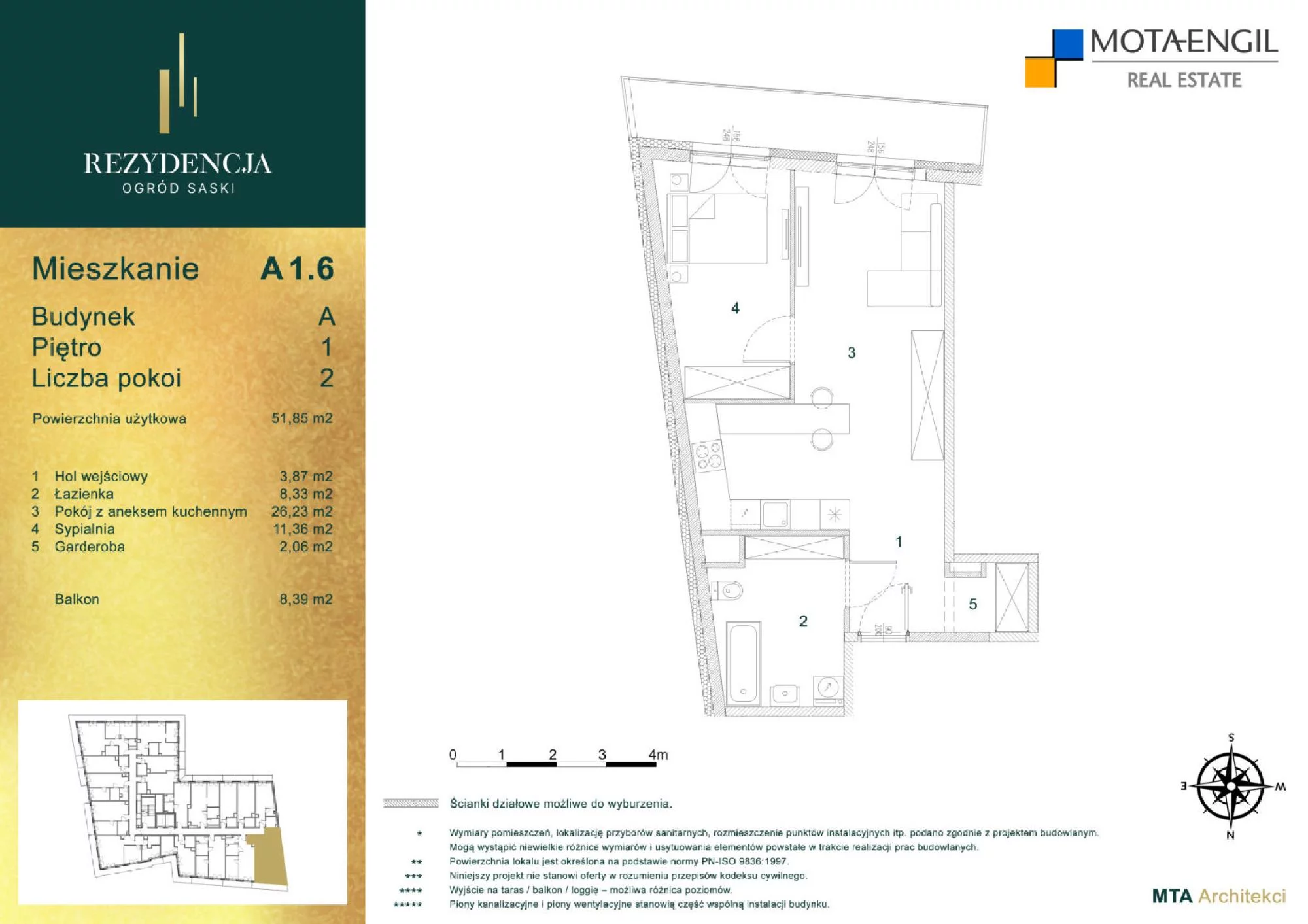 Mieszkanie 51,73 m², piętro 1, oferta nr A1.6, Rezydencja Ogród Saski, Lublin, Wieniawa, ul. Wieniawska 7/Jasna 7