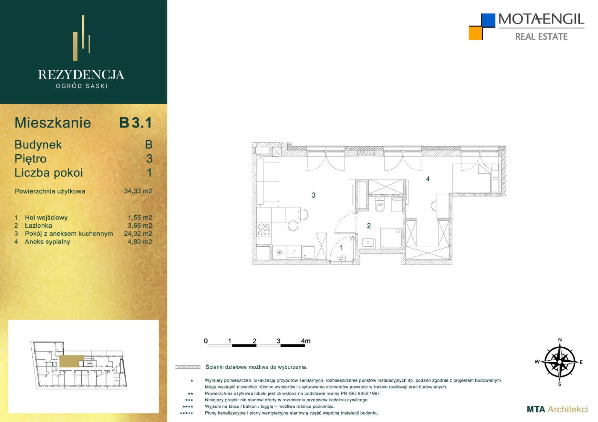 2 pokoje, mieszkanie 34,11 m², piętro 3, oferta nr B3.1, Rezydencja Ogród Saski, Lublin, Wieniawa, ul. Wieniawska 7/Jasna 7