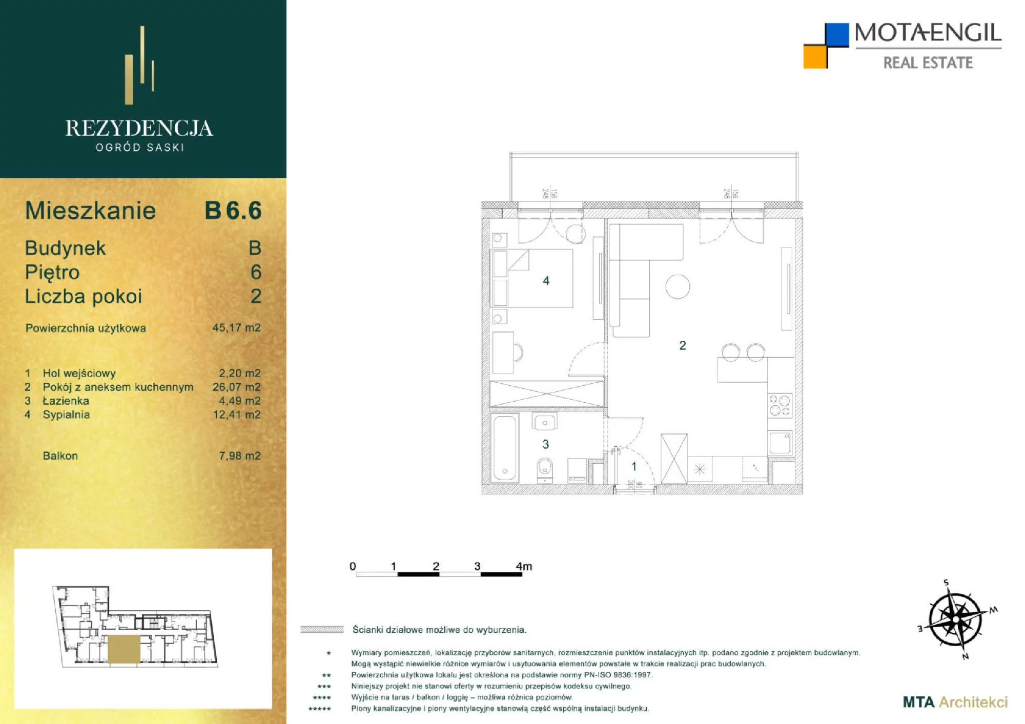 Mieszkanie 45,20 m², piętro 6, oferta nr B6.6, Rezydencja Ogród Saski, Lublin, Wieniawa, ul. Wieniawska 7/Jasna 7