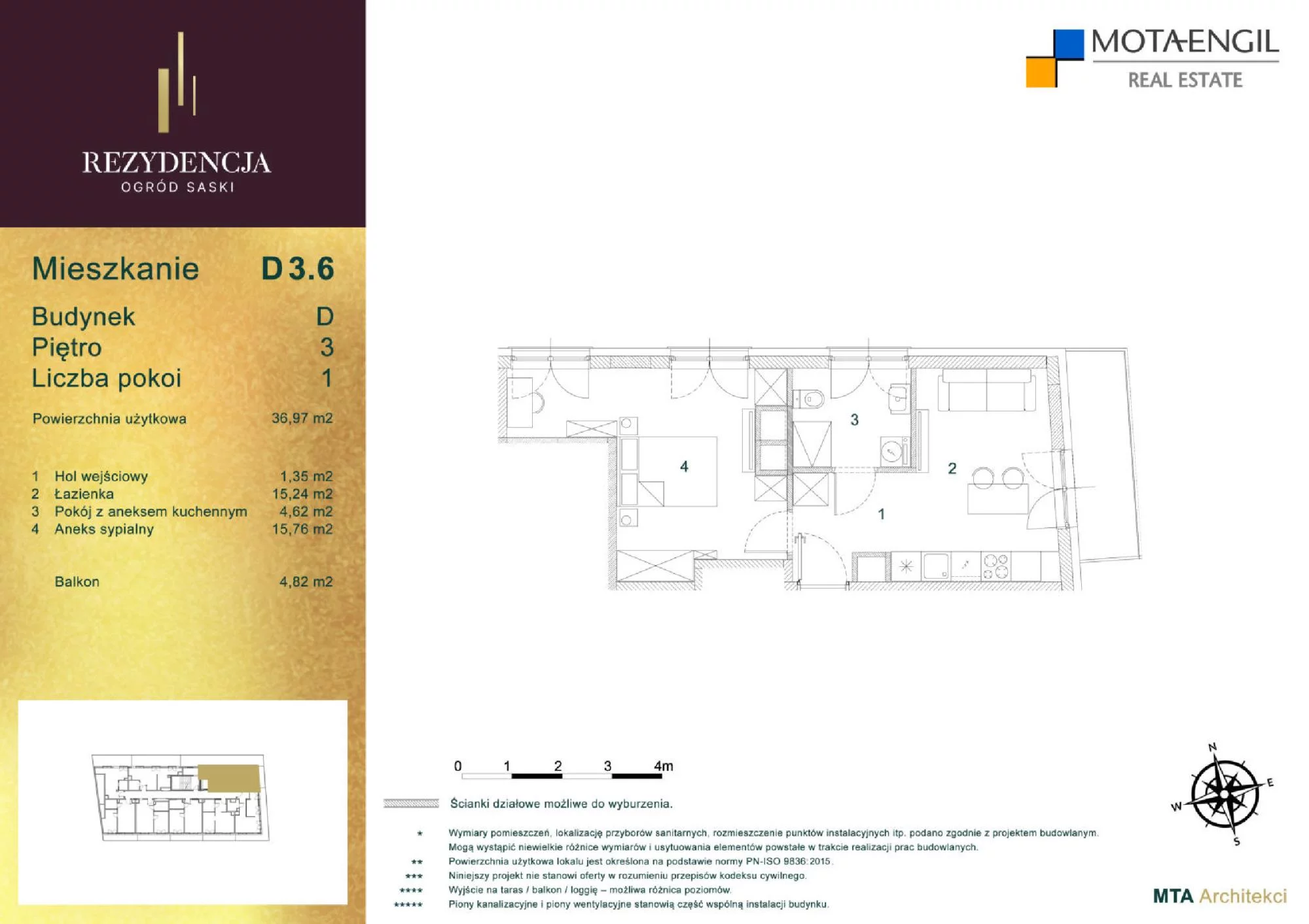 2 pokoje, mieszkanie 36,92 m², piętro 3, oferta nr D3.6, Rezydencja Ogród Saski, Lublin, Wieniawa, ul. Wieniawska 7/Jasna 7