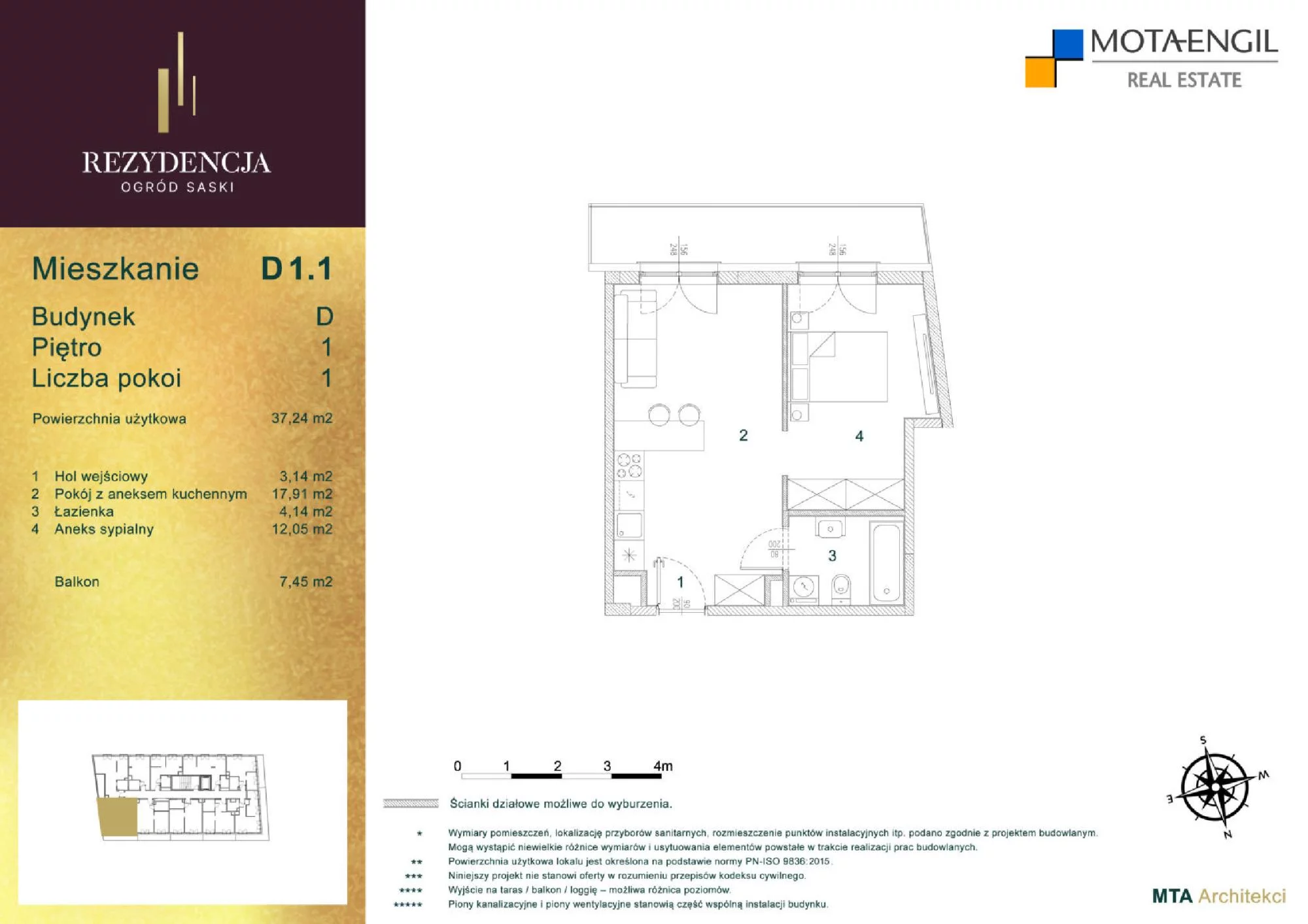 Mieszkanie 37,11 m², piętro 1, oferta nr D1.1, Rezydencja Ogród Saski, Lublin, Wieniawa, ul. Wieniawska 7/Jasna 7