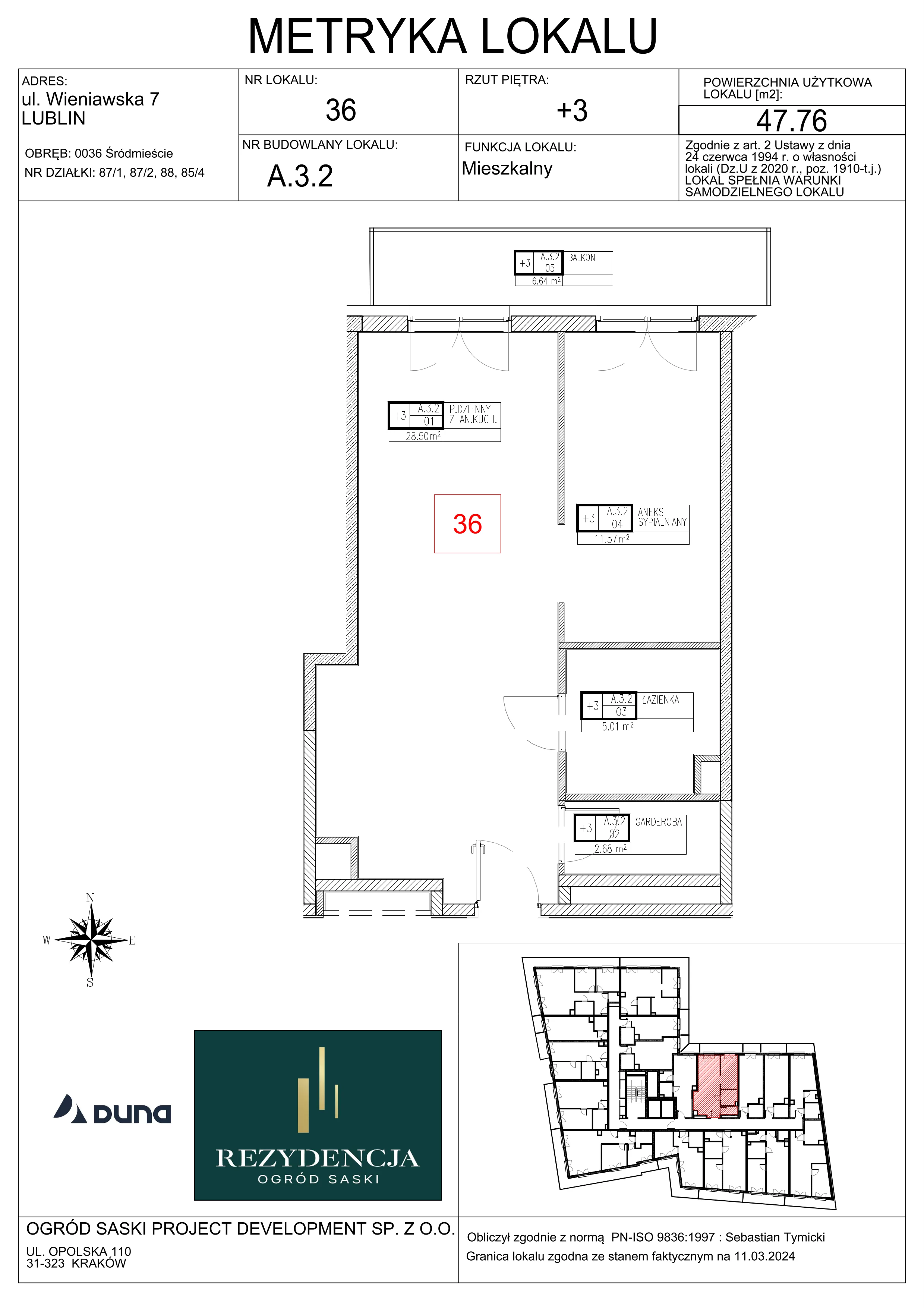 2 pokoje, mieszkanie 47,76 m², piętro 3, oferta nr A3.2, Rezydencja Ogród Saski, Lublin, Wieniawa, ul. Wieniawska 7/Jasna 7
