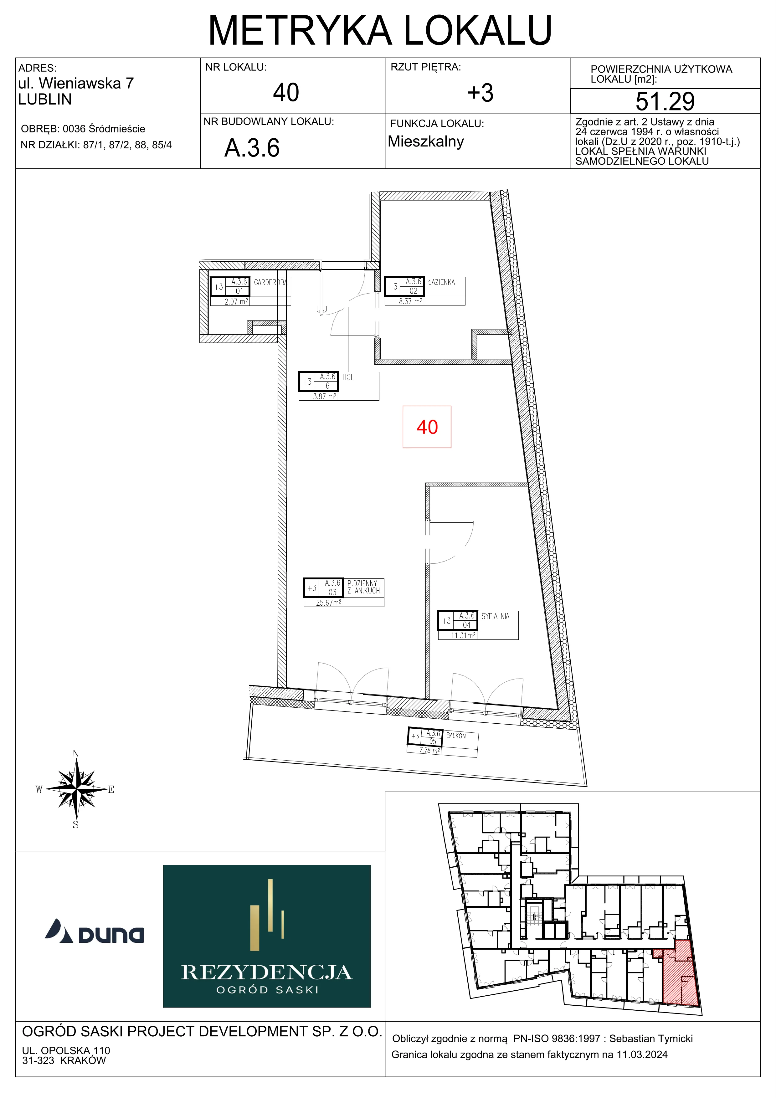 2 pokoje, mieszkanie 51,29 m², piętro 3, oferta nr A3.6, Rezydencja Ogród Saski, Lublin, Wieniawa, ul. Wieniawska 7/Jasna 7