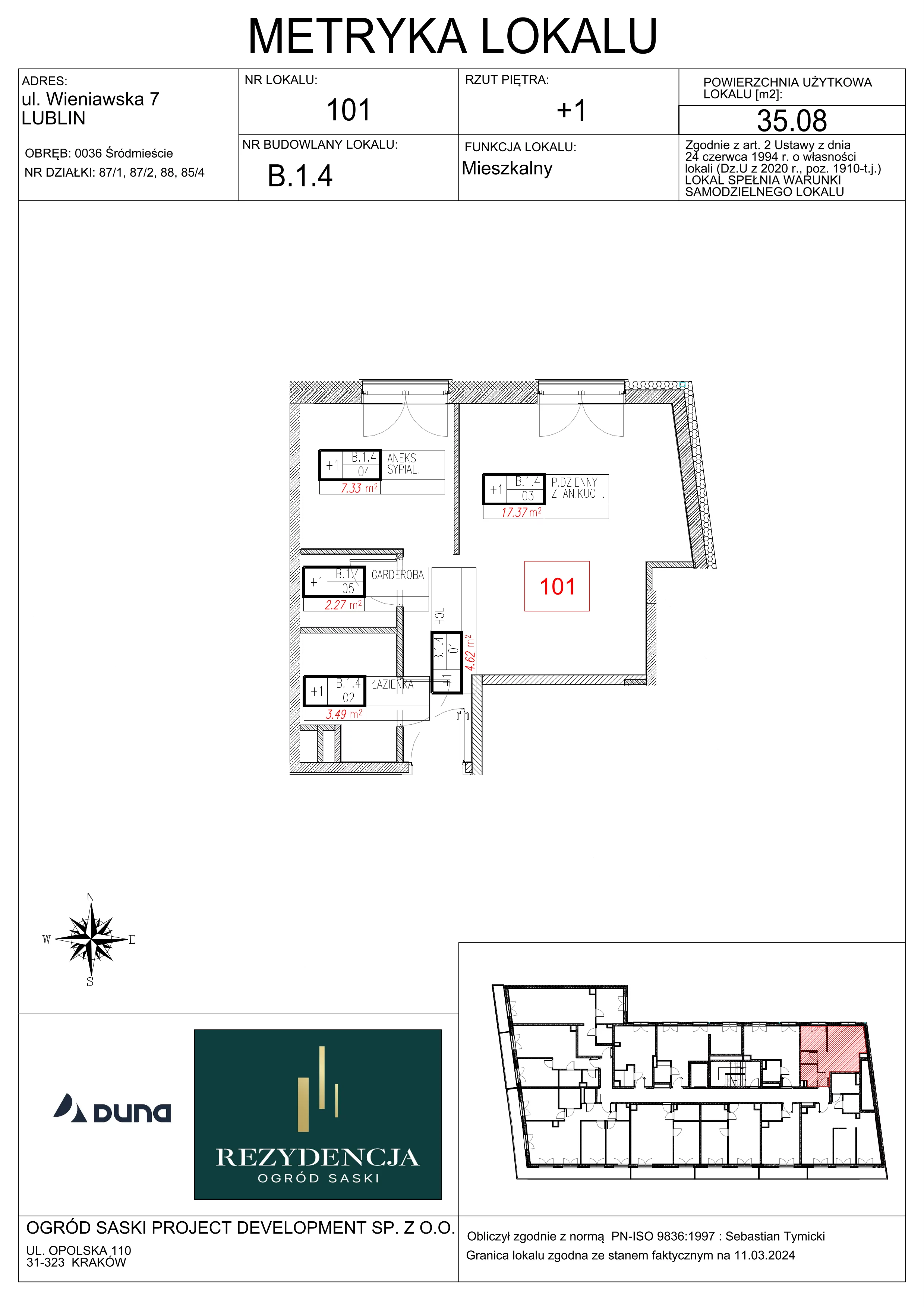 2 pokoje, mieszkanie 35,08 m², piętro 1, oferta nr B1.4, Rezydencja Ogród Saski, Lublin, Wieniawa, ul. Wieniawska 7/Jasna 7
