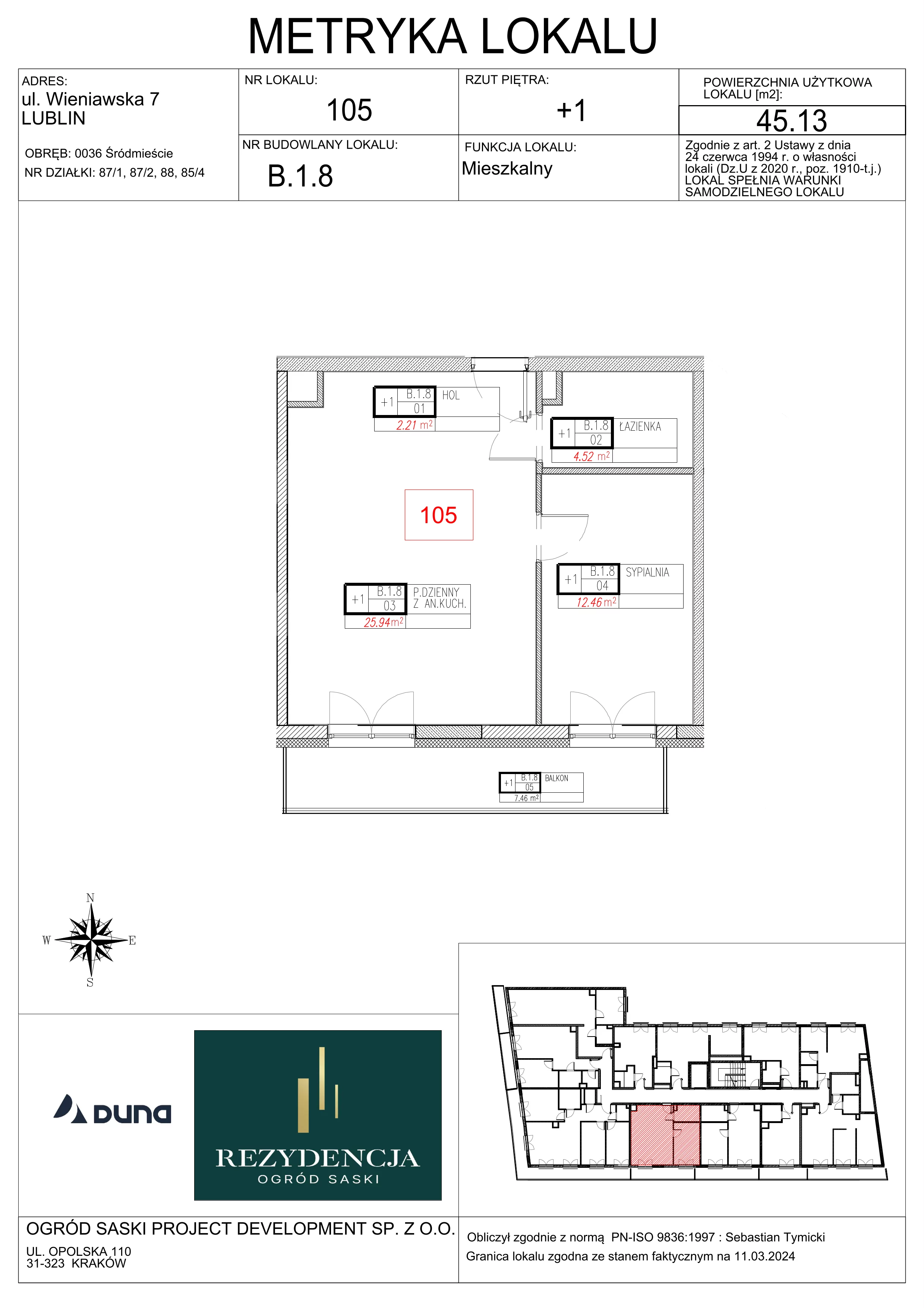 2 pokoje, mieszkanie 45,13 m², piętro 1, oferta nr B1.8, Rezydencja Ogród Saski, Lublin, Wieniawa, ul. Wieniawska 7/Jasna 7
