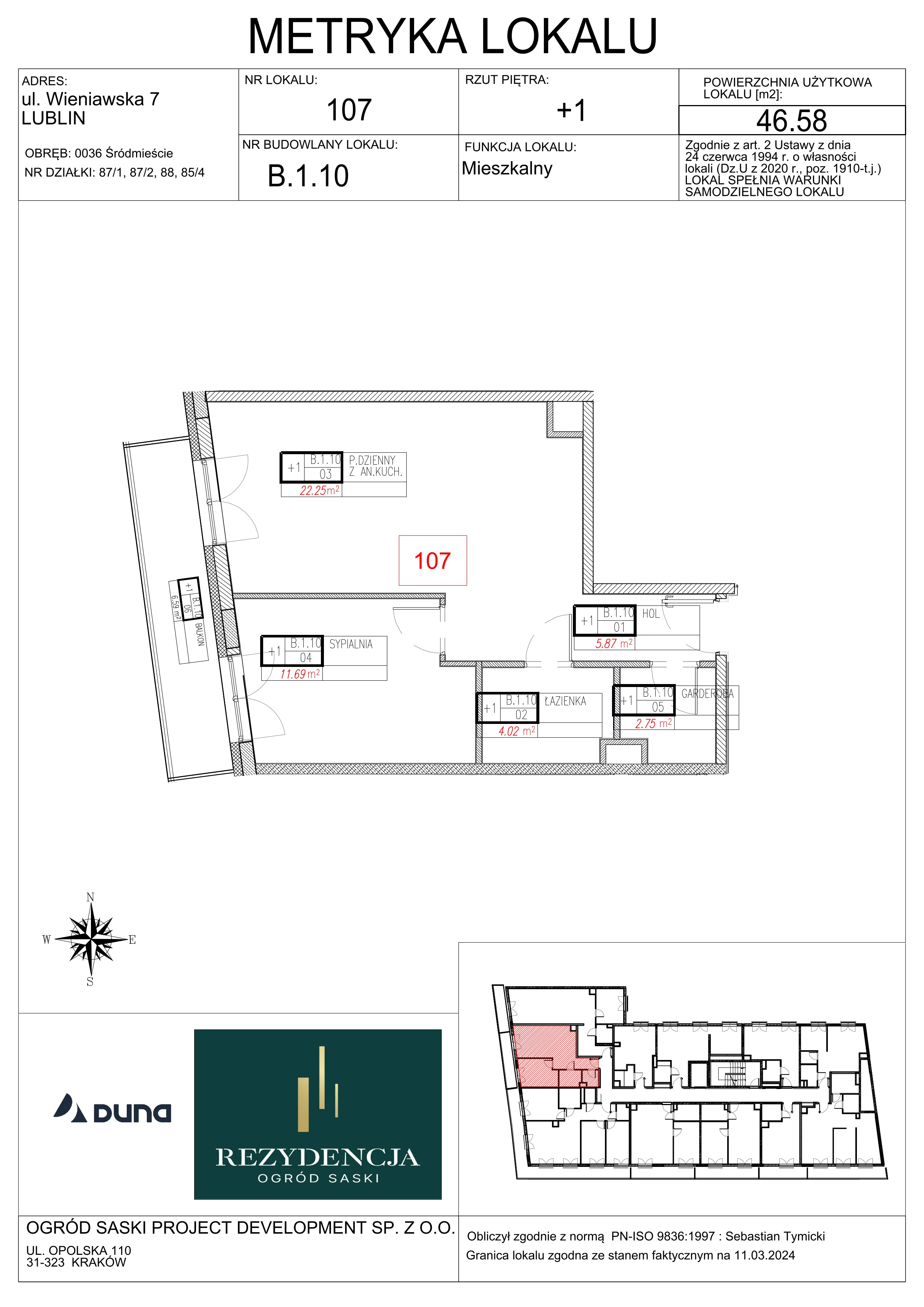 2 pokoje, mieszkanie 46,58 m², piętro 1, oferta nr B1.10, Rezydencja Ogród Saski, Lublin, Wieniawa, ul. Wieniawska 7/Jasna 7