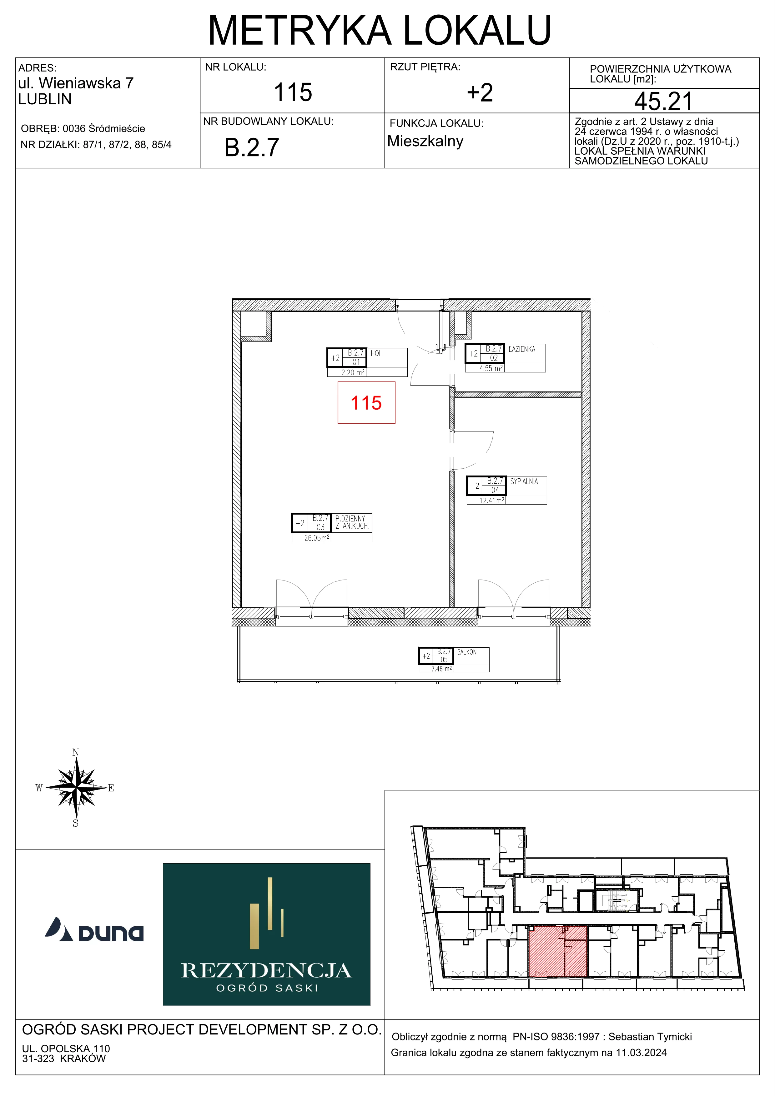2 pokoje, mieszkanie 45,21 m², piętro 2, oferta nr B2.7, Rezydencja Ogród Saski, Lublin, Wieniawa, ul. Wieniawska 7/Jasna 7