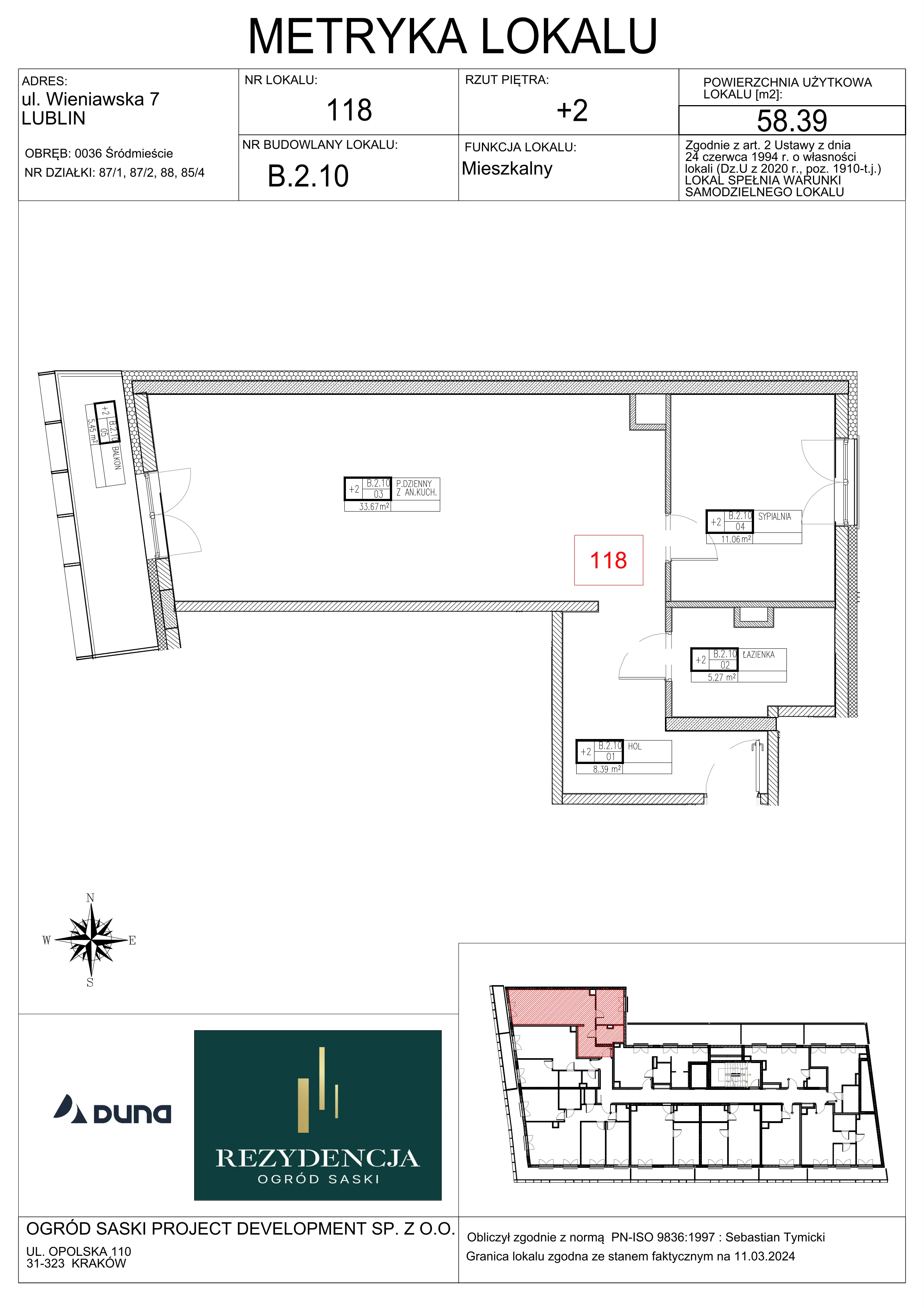 2 pokoje, mieszkanie 58,39 m², piętro 2, oferta nr B2.10, Rezydencja Ogród Saski, Lublin, Wieniawa, ul. Wieniawska 7/Jasna 7