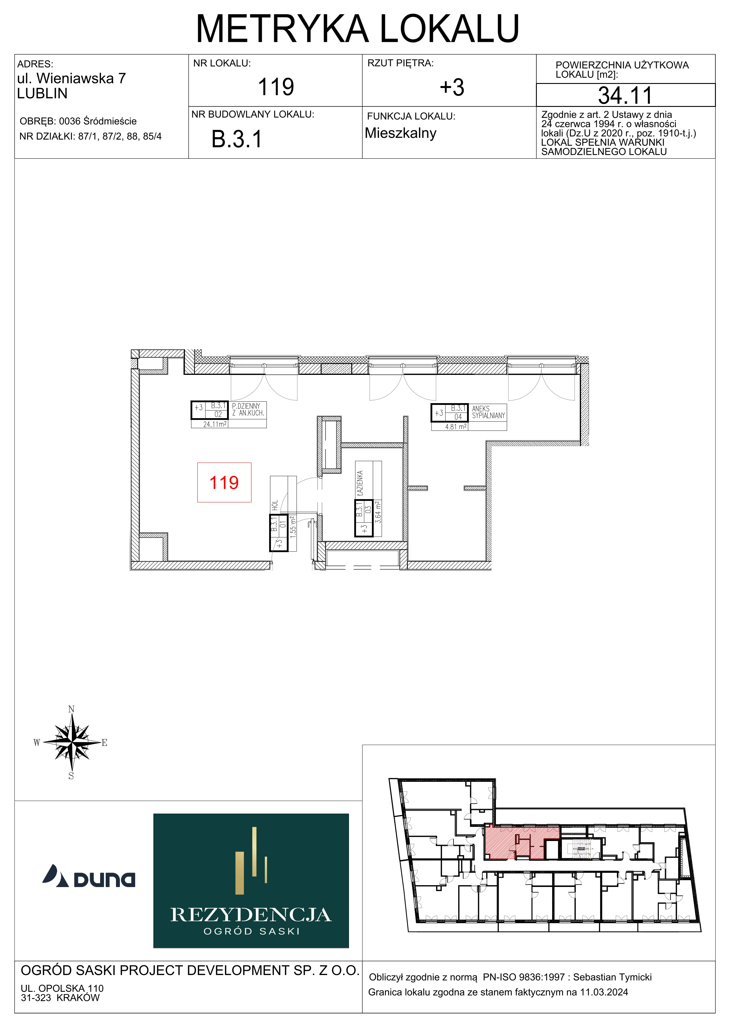 2 pokoje, mieszkanie 34,11 m², piętro 3, oferta nr B3.1, Rezydencja Ogród Saski, Lublin, Wieniawa, ul. Wieniawska 7/Jasna 7
