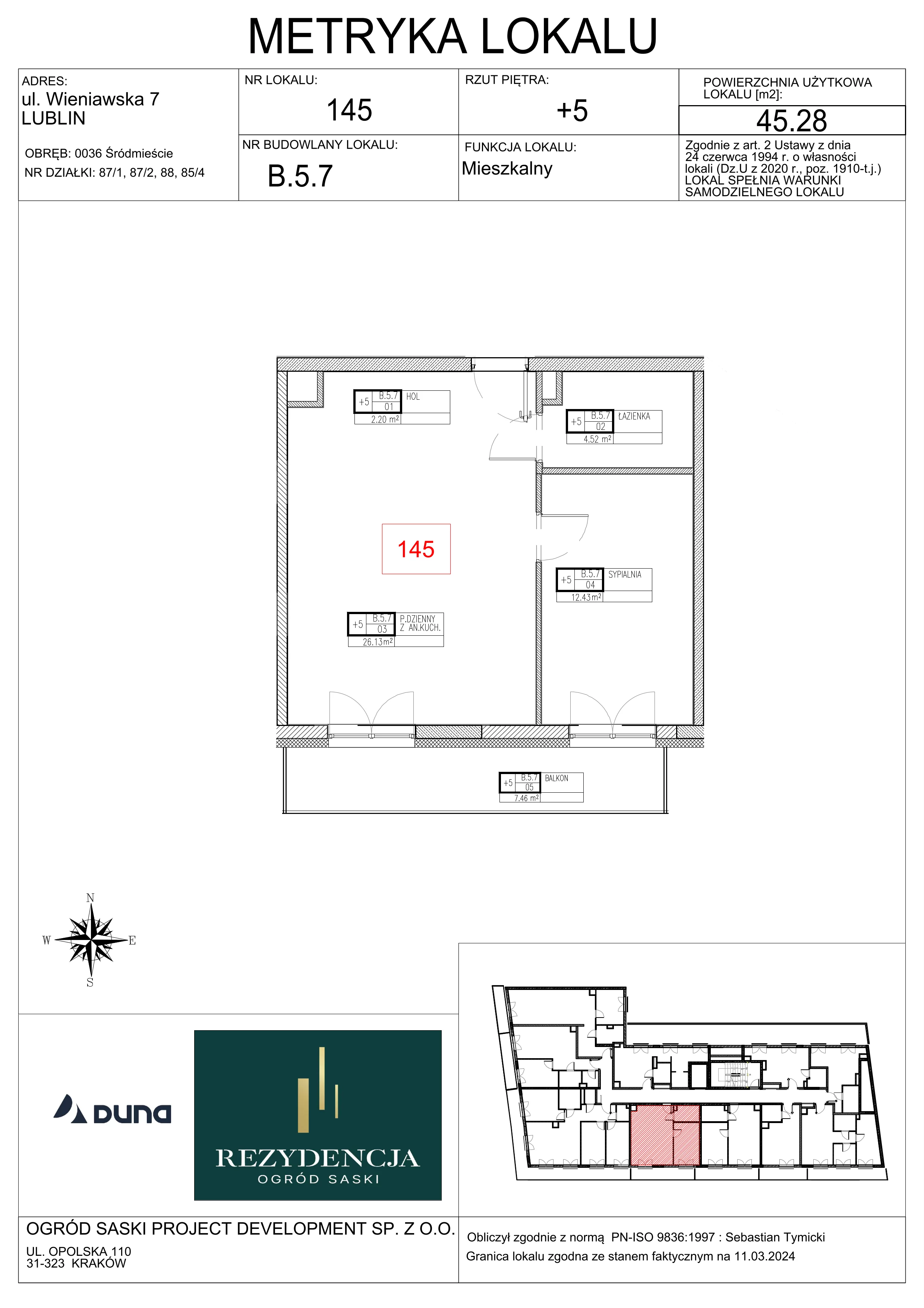 2 pokoje, mieszkanie 45,28 m², piętro 5, oferta nr B5.7, Rezydencja Ogród Saski, Lublin, Wieniawa, ul. Wieniawska 7/Jasna 7