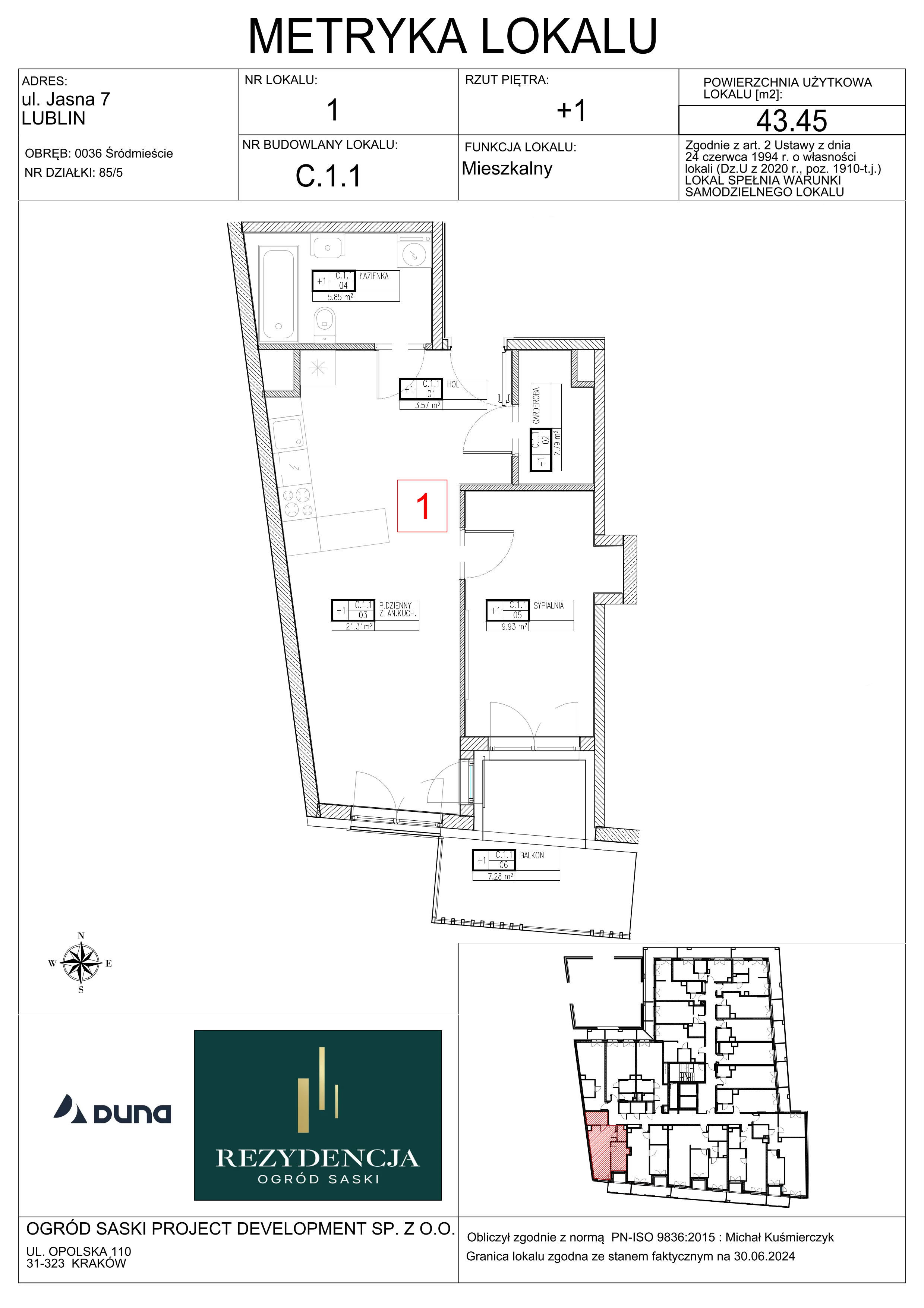 2 pokoje, mieszkanie 43,45 m², piętro 1, oferta nr C1.1, Rezydencja Ogród Saski, Lublin, Wieniawa, ul. Wieniawska 7/Jasna 7