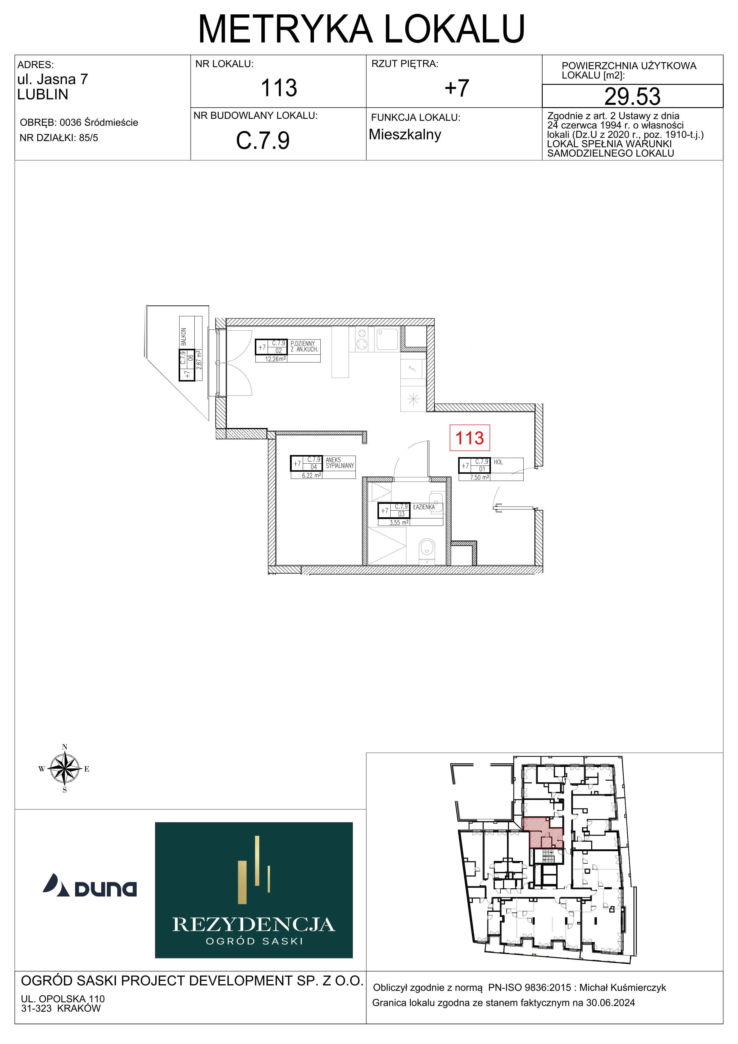 2 pokoje, mieszkanie 29,53 m², piętro 7, oferta nr C7.9, Rezydencja Ogród Saski, Lublin, Wieniawa, ul. Wieniawska 7/Jasna 7