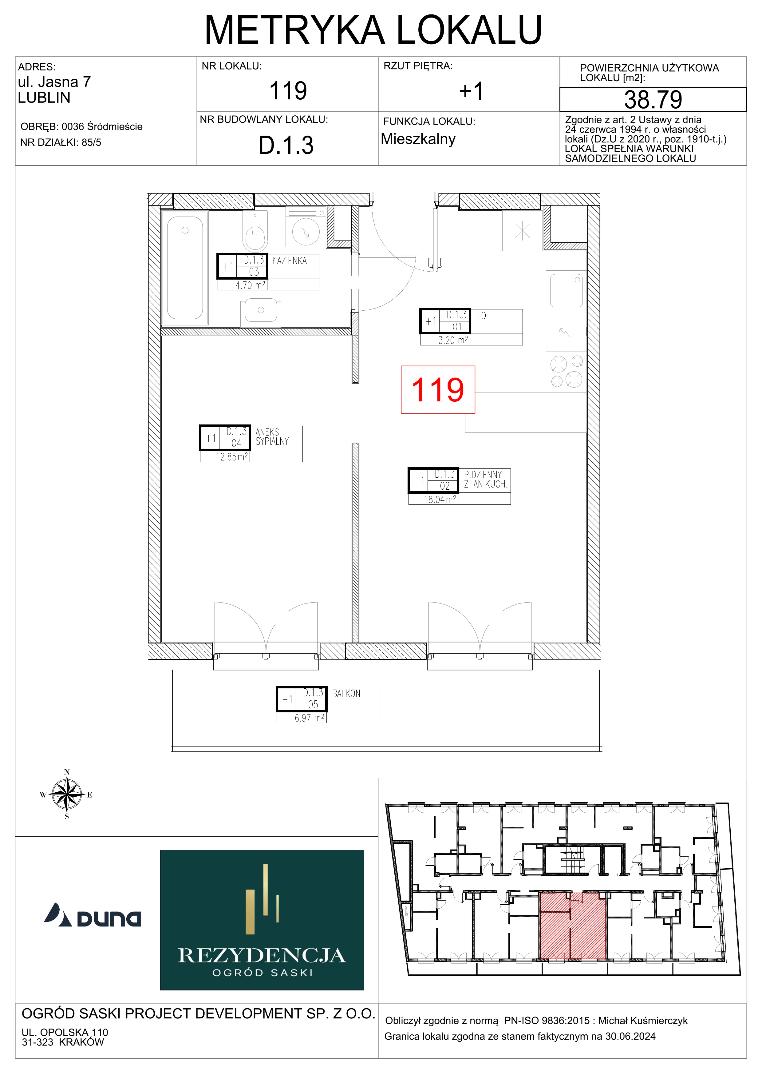 2 pokoje, mieszkanie 38,79 m², piętro 1, oferta nr D1.3, Rezydencja Ogród Saski, Lublin, Wieniawa, ul. Wieniawska 7/Jasna 7