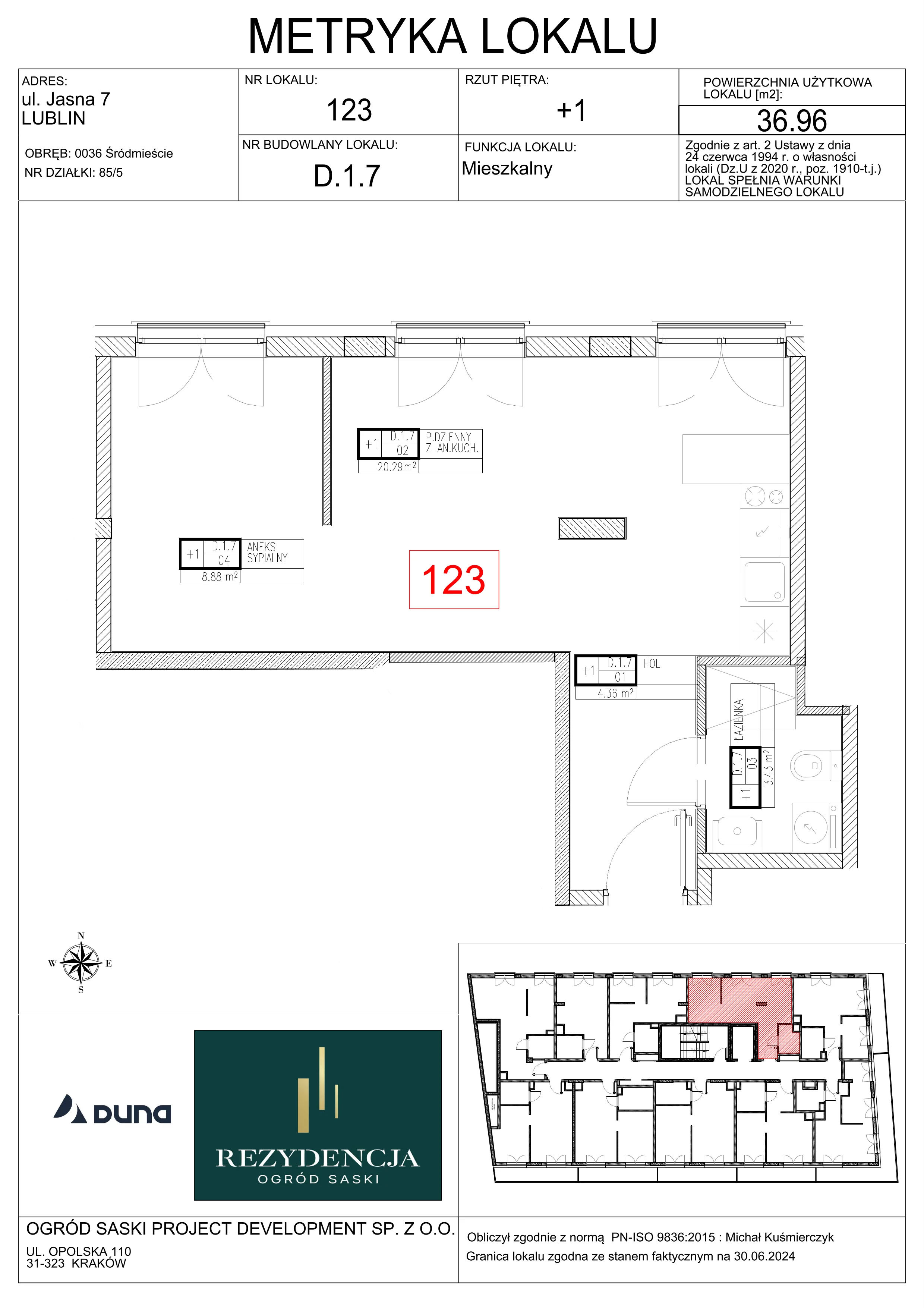 2 pokoje, mieszkanie 36,96 m², piętro 1, oferta nr D1.7, Rezydencja Ogród Saski, Lublin, Wieniawa, ul. Wieniawska 7/Jasna 7