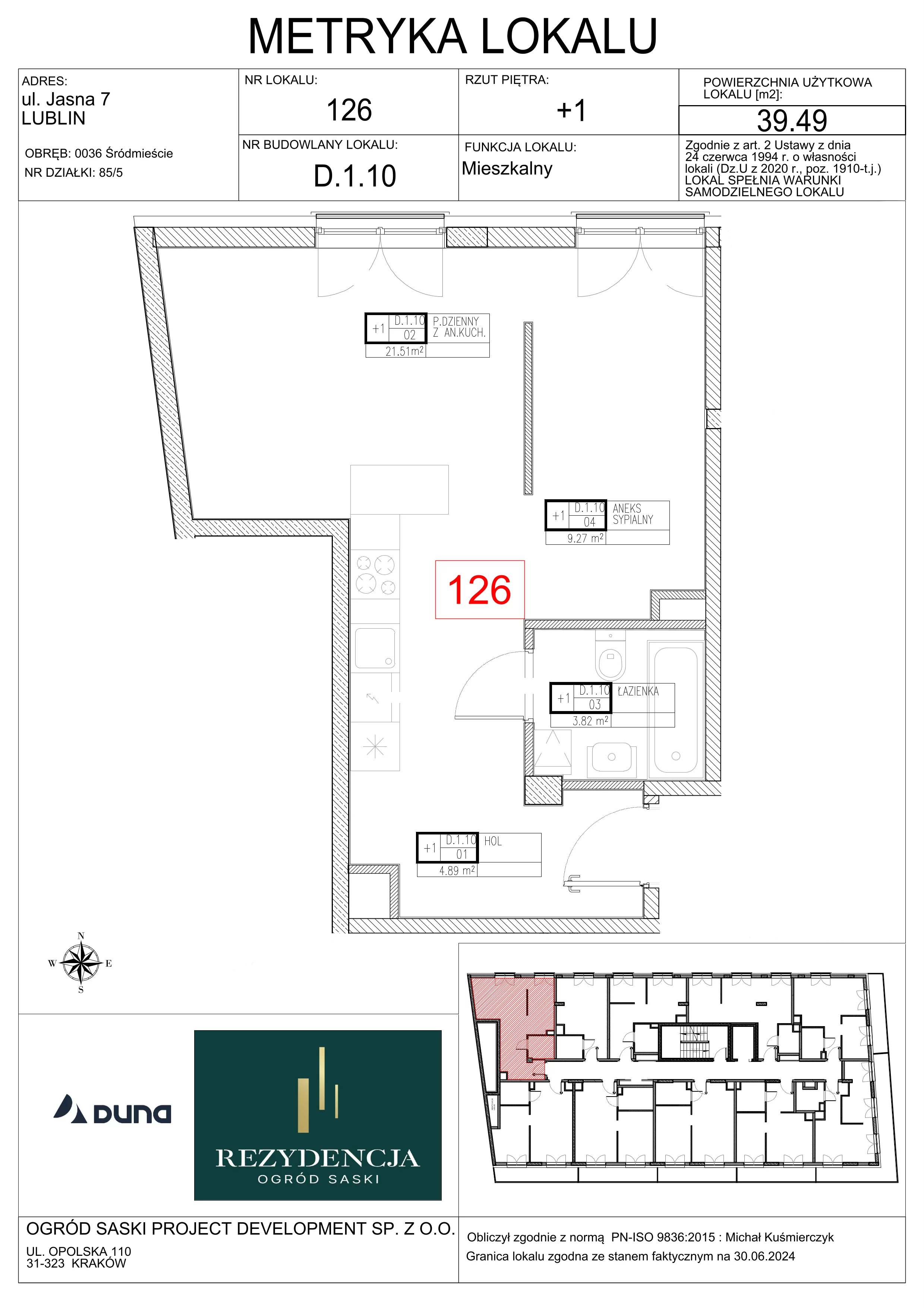 2 pokoje, mieszkanie 39,49 m², piętro 1, oferta nr D1.10, Rezydencja Ogród Saski, Lublin, Wieniawa, ul. Wieniawska 7/Jasna 7