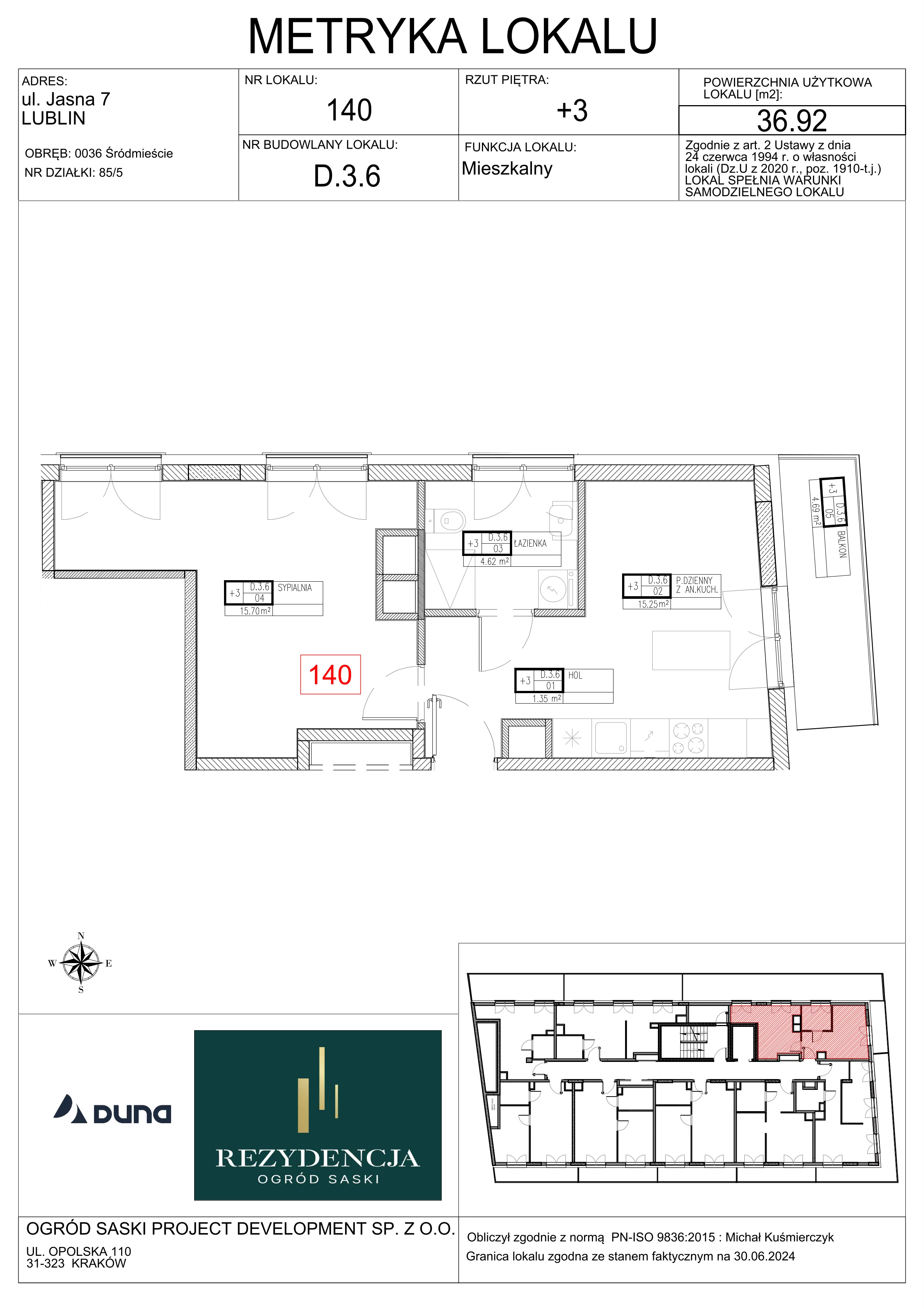 2 pokoje, mieszkanie 36,92 m², piętro 3, oferta nr D3.6, Rezydencja Ogród Saski, Lublin, Wieniawa, ul. Wieniawska 7/Jasna 7